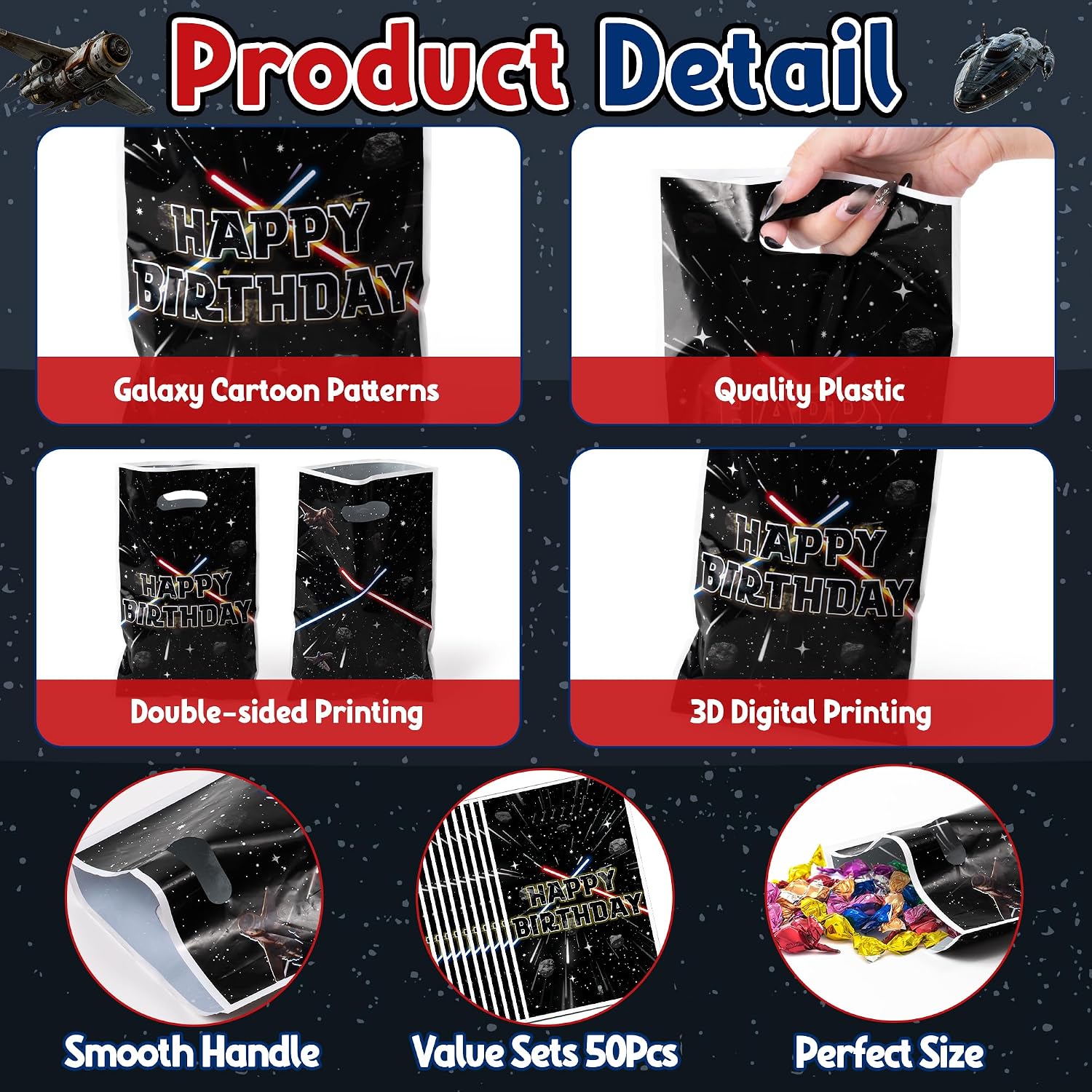 BOpusail Galaxy Movie Star Bag - 50Pcs Black Cartoon Galaxy Party Favor Bag Candy Treat Bags Print Happy Birthday Patterns with Handles Plastic Snack Gifts Bags for Boy Girl Kid Holiday Party Supplies image 3