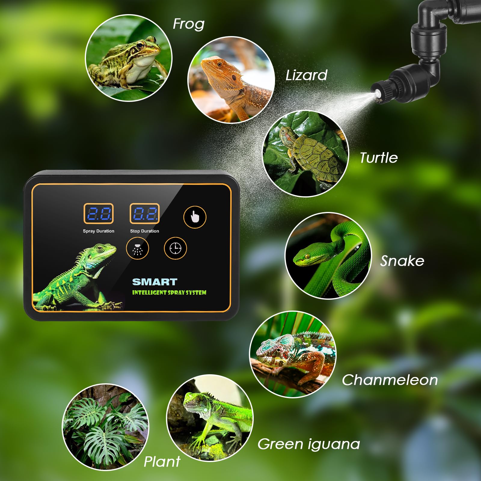 Reptilien Benebelungssystem Terrarium,GuKKK Intelligentes Reptilien Luftbefeuchter mit Schlauch mit Timer und Sprühdüsen 360 ° Verstellbare, Vernebler Terrarium für Amphibien Pflanzen