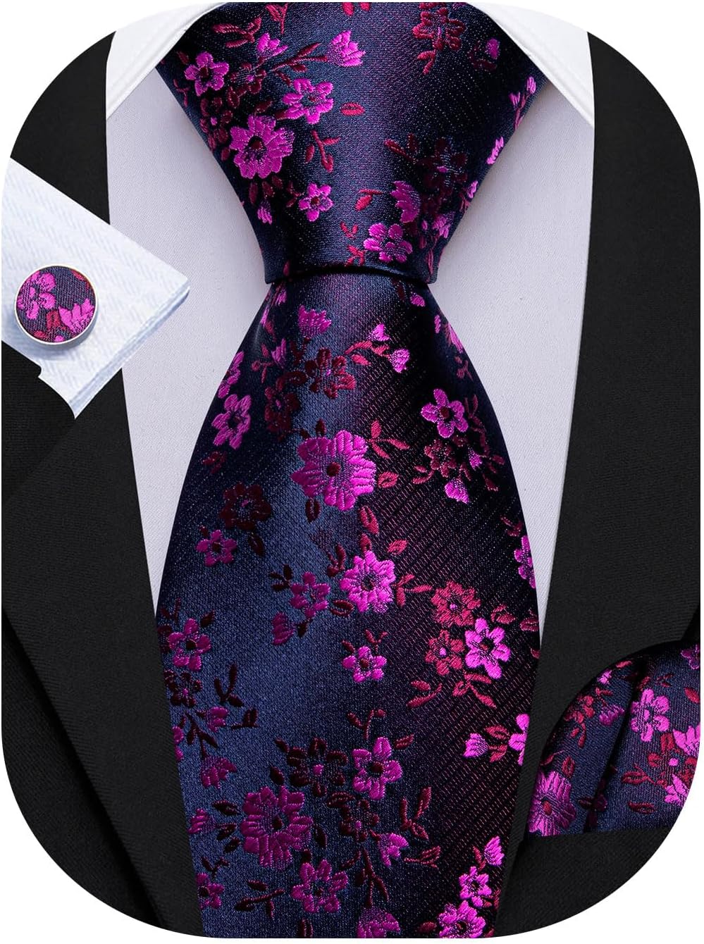 Barry.Wang Men Tie Set Floral Paisley Silk Necktie Pocket Square Cufflinks Formal Wedding Party Business