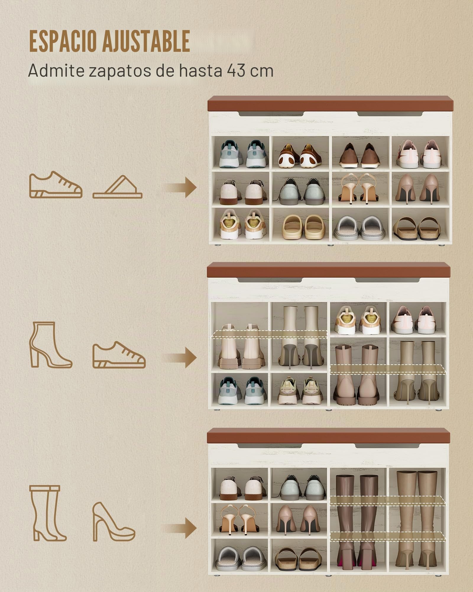 Hzuaneri Banco Zapatero, Zapatero con Asiento, Banco con Espacio de Almacenamiento, 12 Compartimentos, Estantes Extraíbles, Edecuado para Salón, Pasillo, Entrada 30 x 100 x 55,4 cm Marrón y Blanco
