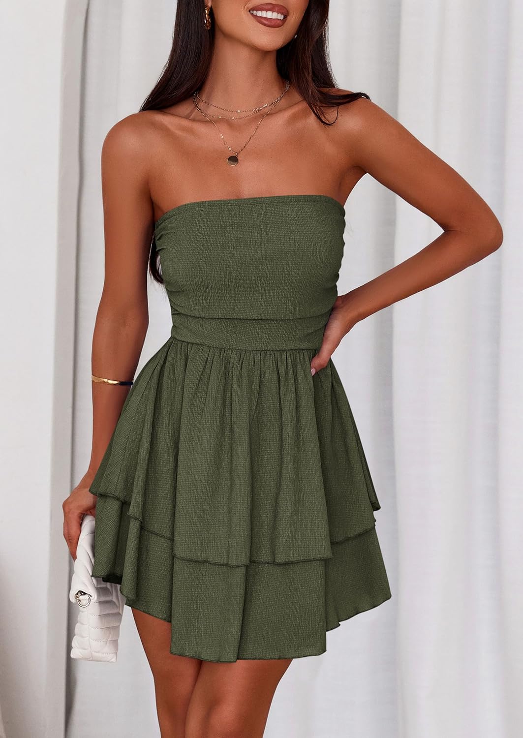 PRETTYGARDEN Women's 2026 Summer Strapless Tube Mini Dress Off Shoulder Smocked Ruffle A Line Flowy Short Party Club Dresses - Image 7