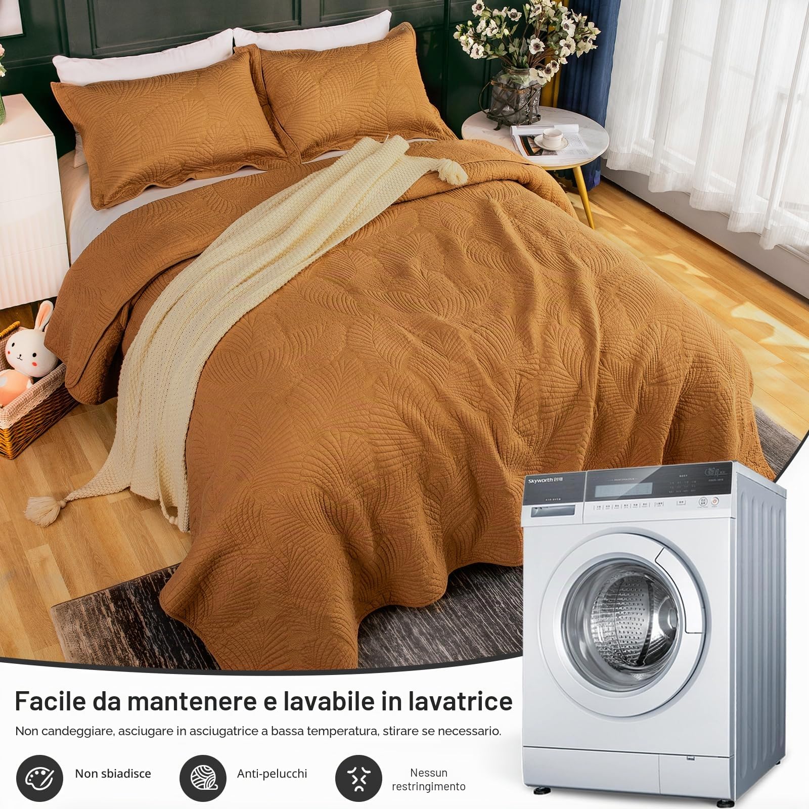 Qucover Copriletto Matrimoniale Cotone Arancione, Trapuntato Extra Morbido, Motivo a Foglie per Stagioni, 230x250cm