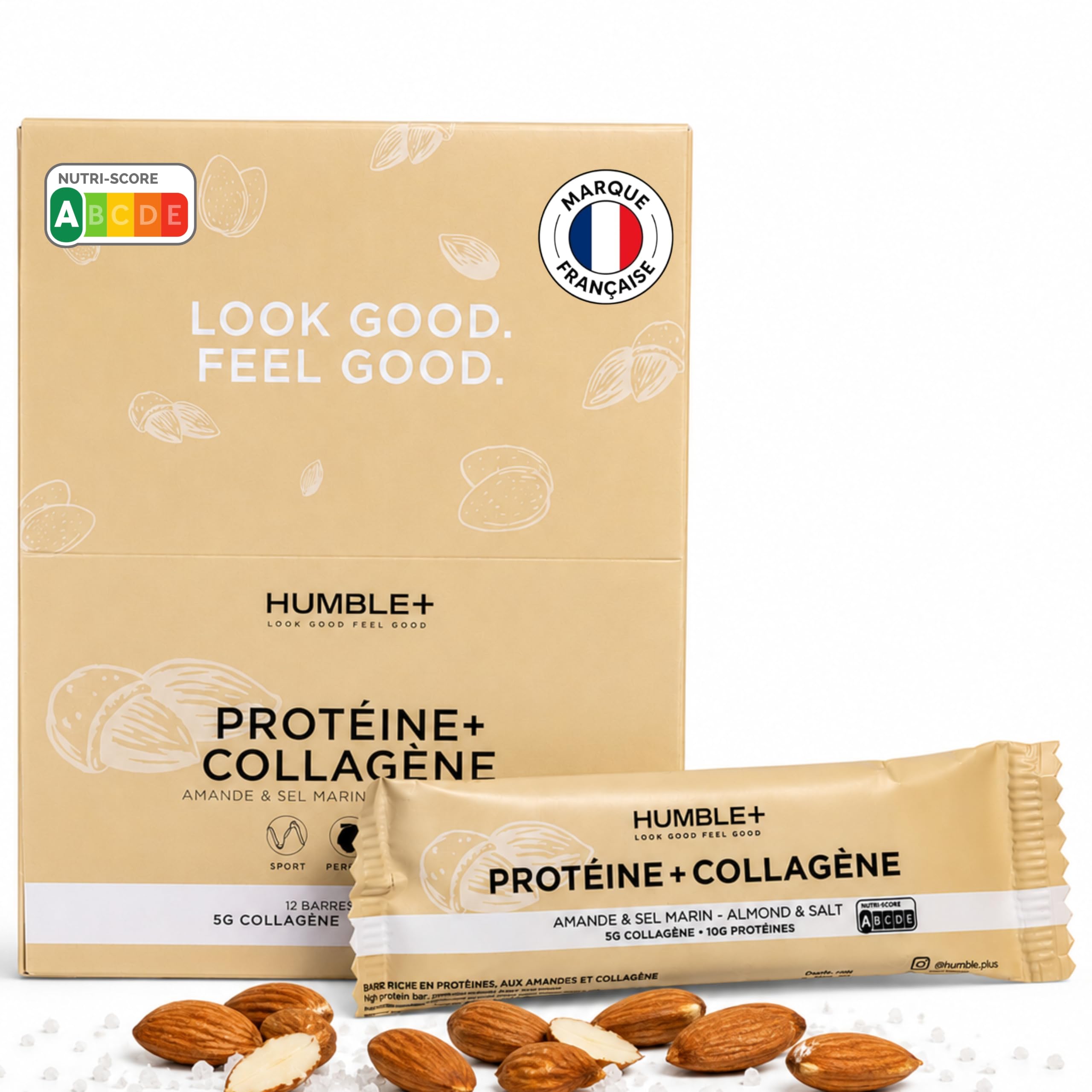 Barres Proteinées au Collagène (5g) et Protéines (12g) - Goût Amandes - Pack de 12 barres x 46g - Riche en Fibres, Sans sucre ajouté, Sans gluten, Sans huile de palme - Humble+