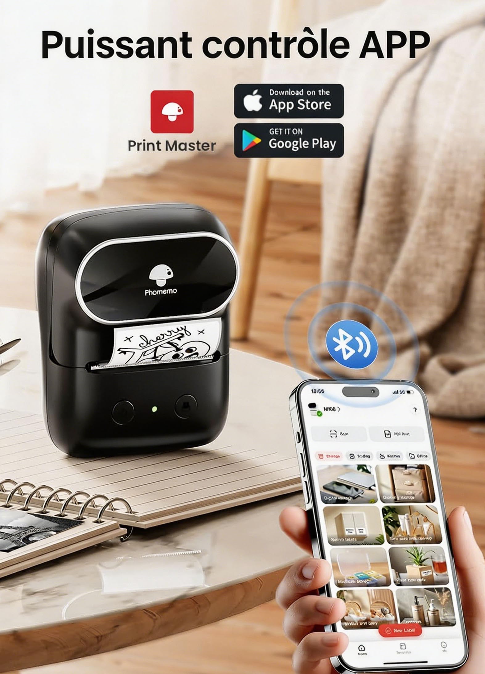 Phomemo M108 Étiqueteuse Portable,Bluetooth ÉEtiqueteuse Autocollantes, imprimante etiquette autocollante Thermique Pour les codes-barres, la vente au détail, le bureau, compatible avec iOS et Android