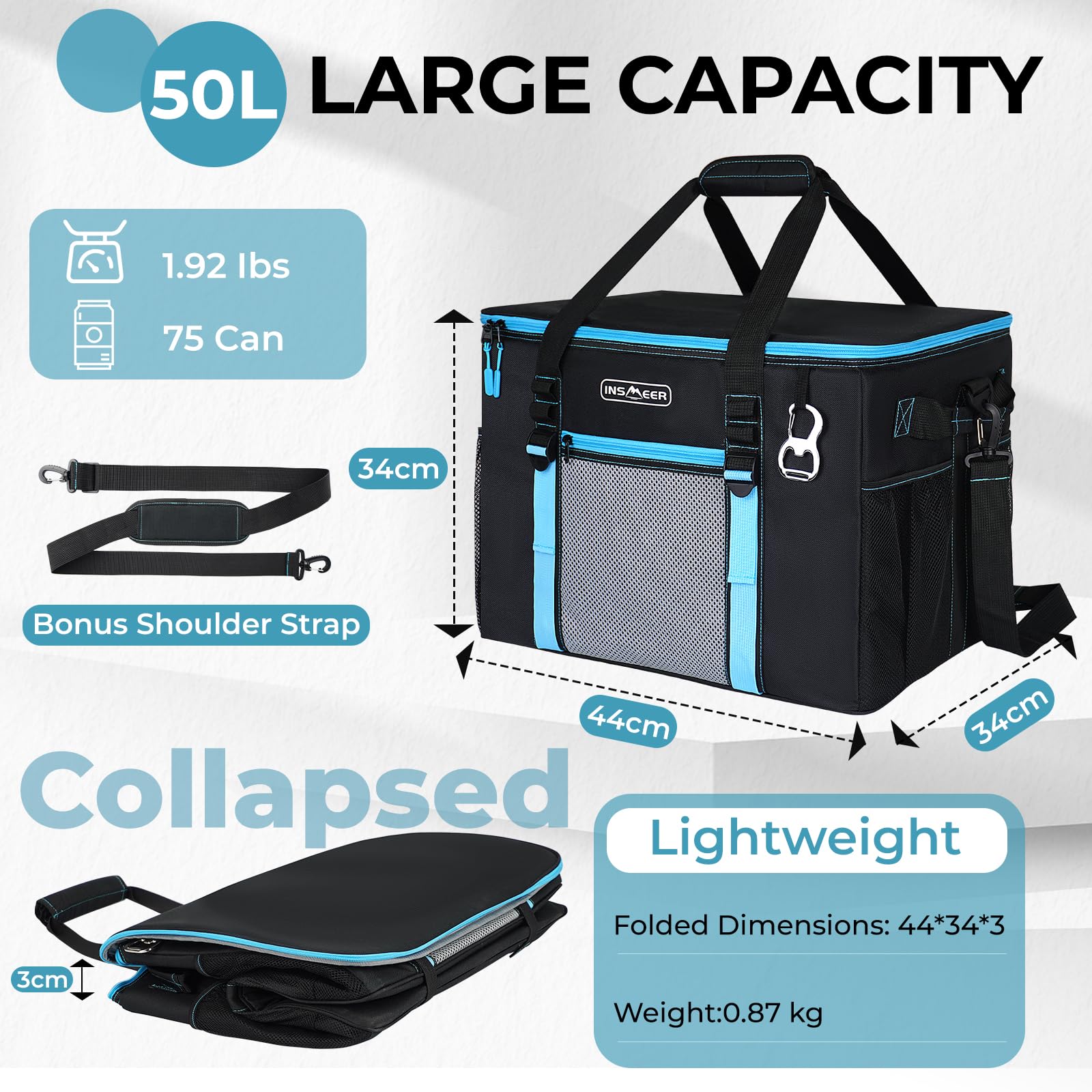 INSMEER Borsa frigo grande da 50 l, pieghevole, per 75 lattine, pieghevole/a prova di perdite, con apertura, borsa da picnic per campeggio, spiaggia, picnic, gite in famiglia, per 4 persone