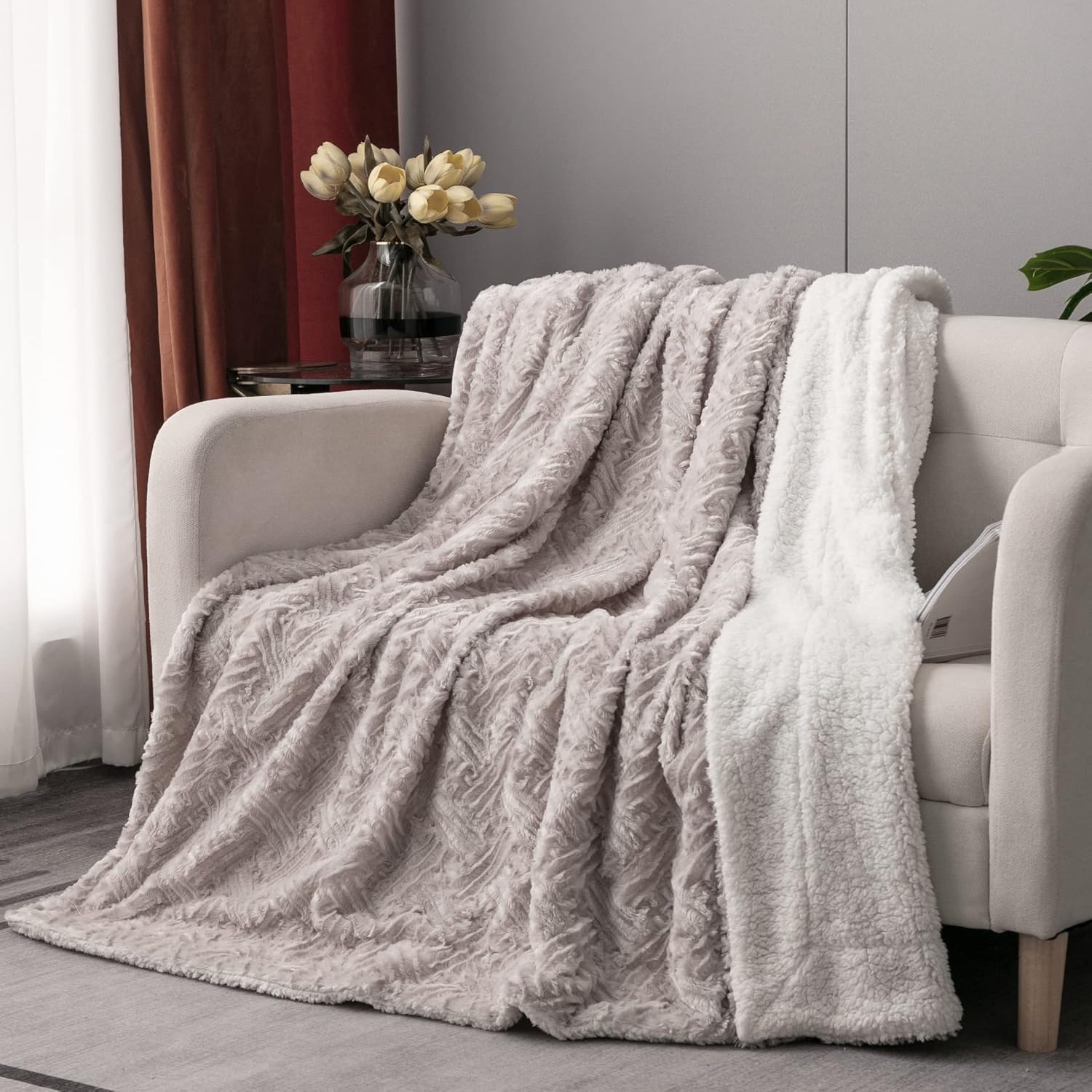 DaDa Bedding Lavender Grey Pearl Faux Fur Throw Blanket - Dreamy Geometric Embossed Sherpa Backside - Super Soft Warm Cozy Plush Fluffy - 90" x 90" - Image 7