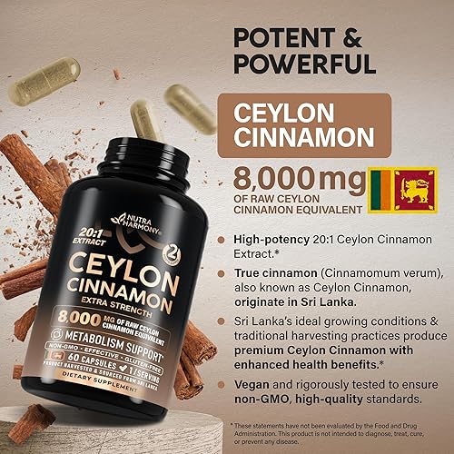 Miniatura 3 de Cápsulas de canela de Ceilán, 8000 mg, extra fuerza, fabricadas en Estados Unidos, apoyo de energía, corazón y metabolismo, para hombres y mujeres,