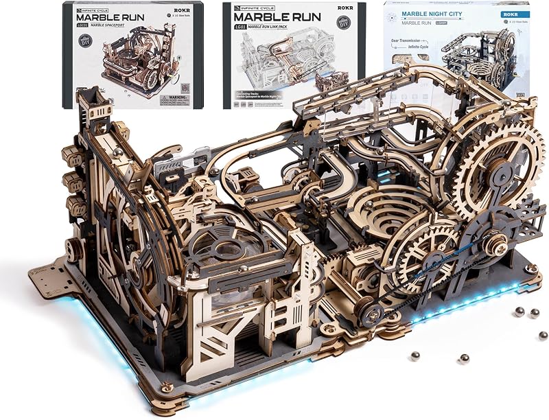 3 in 1 Electric Wooden Marble Run, 3D Puzzles for Adults, Wood Model Building Toy Kits, Ideal Gift for Boys and Men