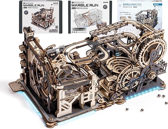 ROKR 3 in 1 Electric Wooden Marble Run, 3D Puzzles for Adults, Wood Model Building Toy Kits, Ideal Gift for Boys and Men