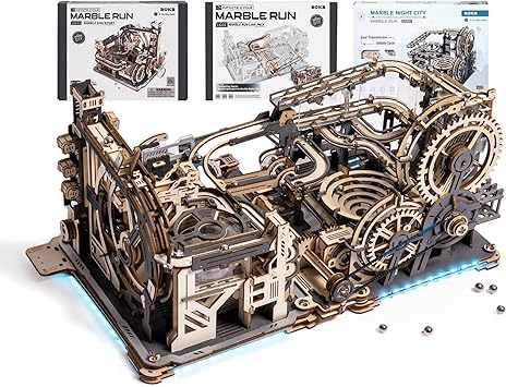 ROKR 3 in 1 Electric Wooden Marble Run, 3D Puzzles for Adults, Wood Model Building Toy Kits, Ideal Gift for Boys and Men