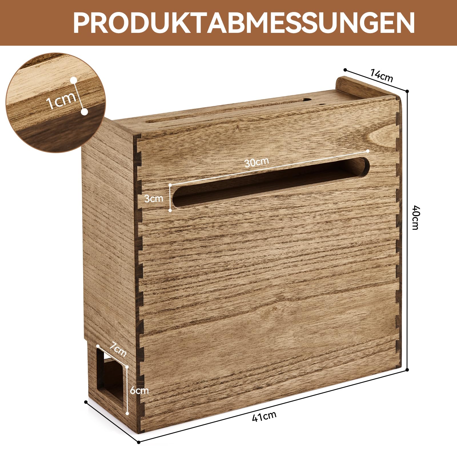KIRIGEN Routerbox Holz, Kabelmanagement-Box, 3 Ebenen, Dunkelbraun | 41 x 14 x 40 cm, für WLAN-Router, Netzteil, Steckdosenleiste und Kabel, Paulownia-Massivholz, handgefertigt, fertig montiert