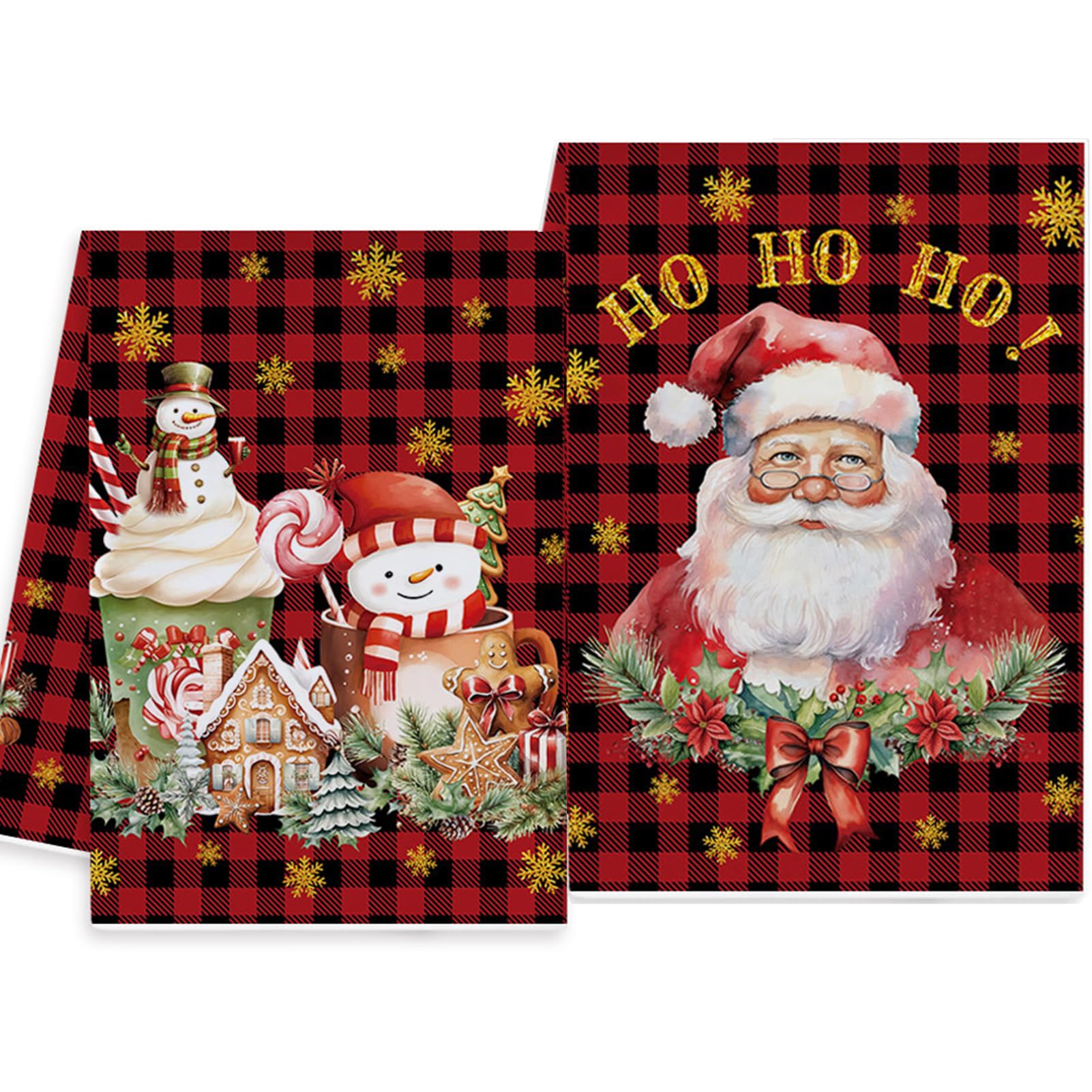 Vspek Juego de 2 Navidad Paños de Cocina, Negro Rojo Cuadros Papá Noel Muñeco de Nieve Toallas de Cocina Toalla Navideña Divertida para el baño Invierno Navidad Decoracion Cocina Artículos Navideños