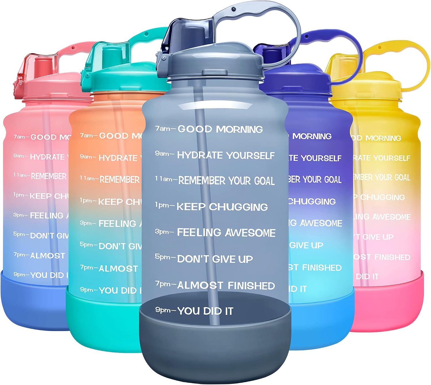 Elvira Large One & Half Gallon Motivational Time Marker Water Bottle with Straw & Protective Silicone Boot, BPA Free Anti-slip Leakproof for Fitness, Gym and Outdoor Sports