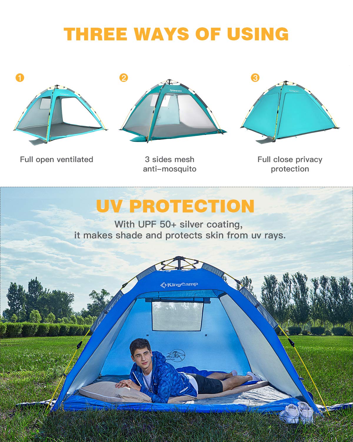 KingCamp キャンプテント　サンシェードテント ワンタッチ式　ブルー KingCamp ワンタッチ テント 3〜5人用 サンシェードテント