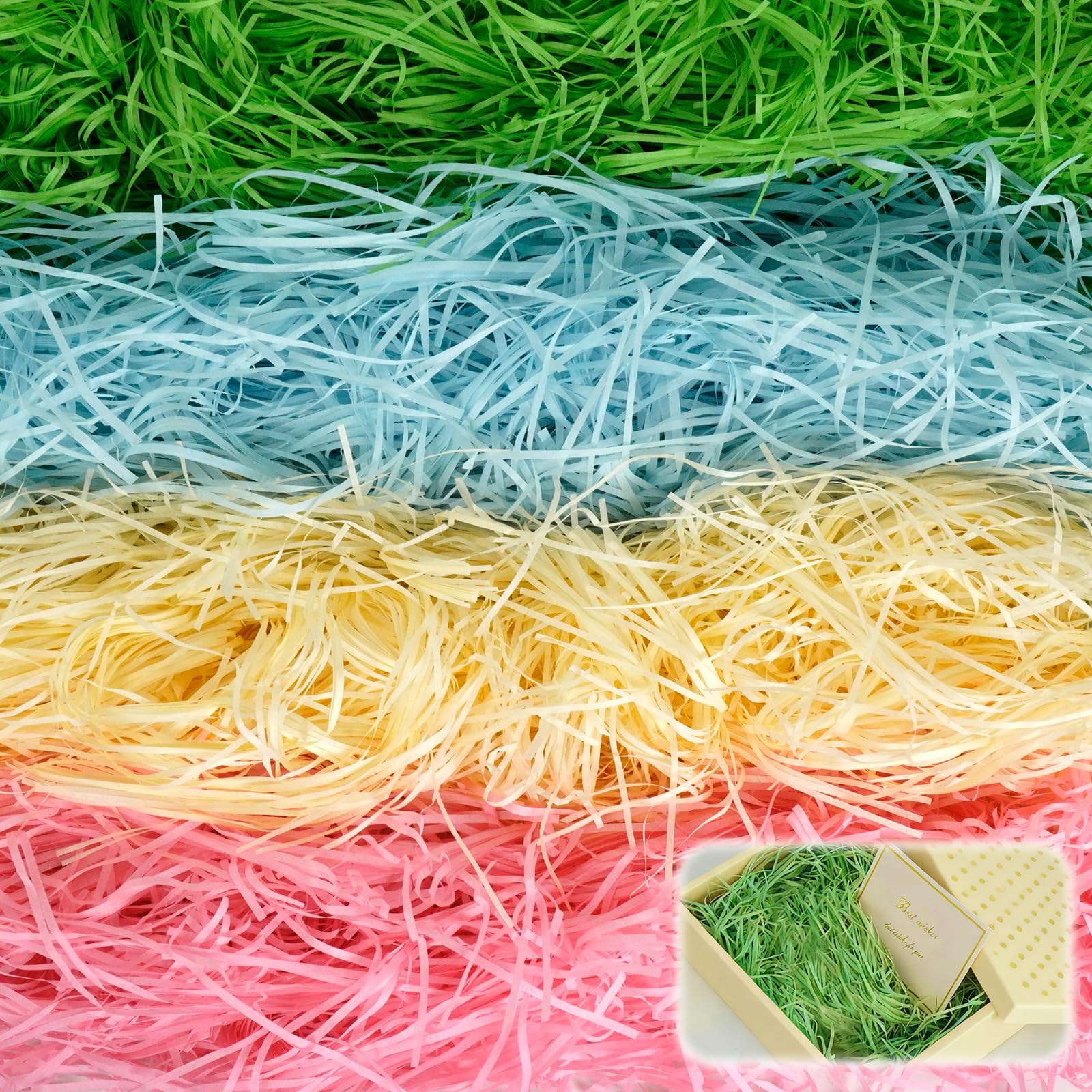 Materiał wypełniający 400 g, prezent: 4 kolory rozdrobnionego papieru, miękki materiał wypełniający do paczek i koszy prezentowych z 2 kartkami z życzeniami | dekoracja na prezent festiwalowy