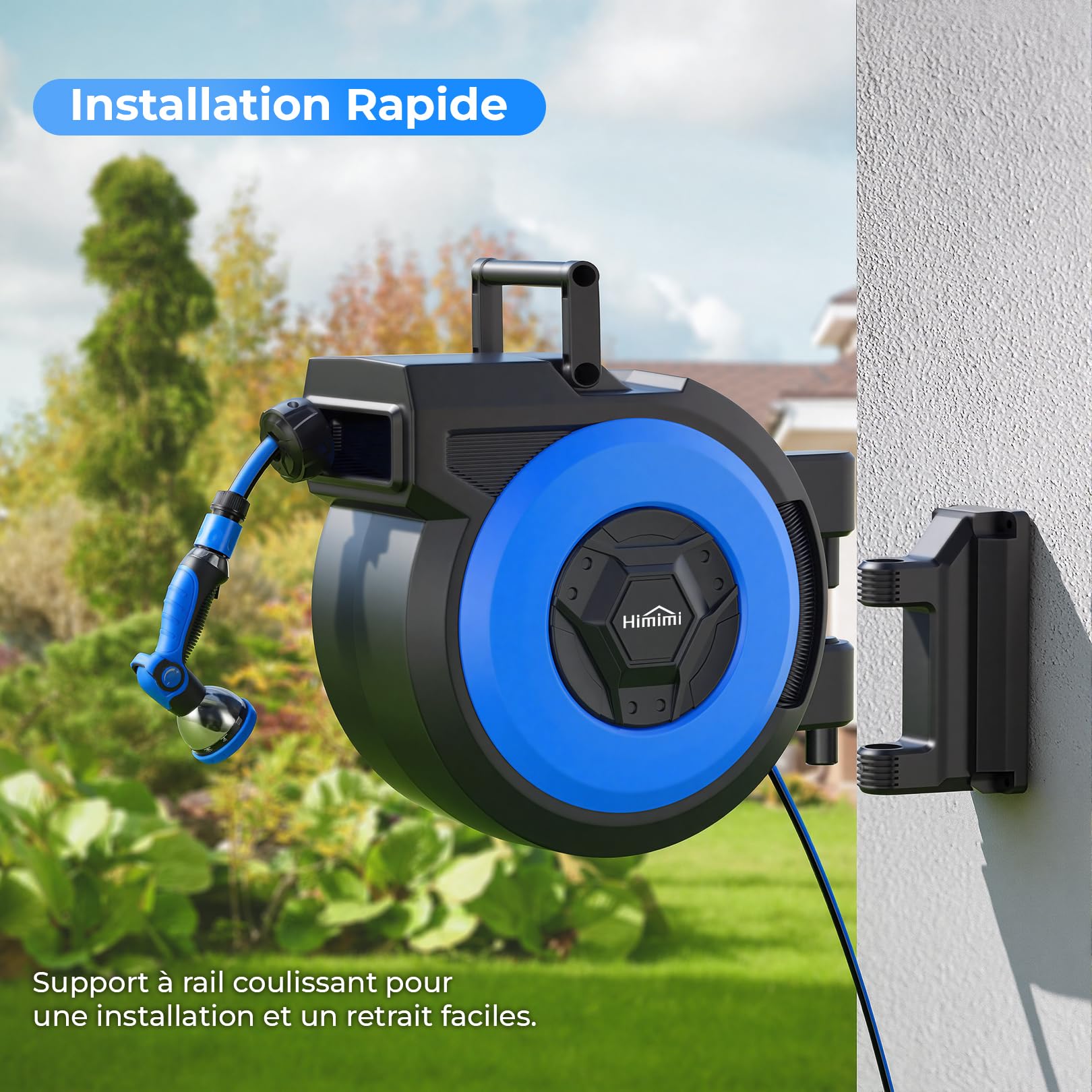 Himimi Enrouleur Tuyau d'Arrosage Rétractable 30m + 2m Mural Automatique, Enrouleur Auto-Rewind avec Pistolet Pulvérisation 10 Fonctions, Pivotant 180° pour Nettoyage & Arrosage Jardin | Rétractable, montage mural, enroulement automatique