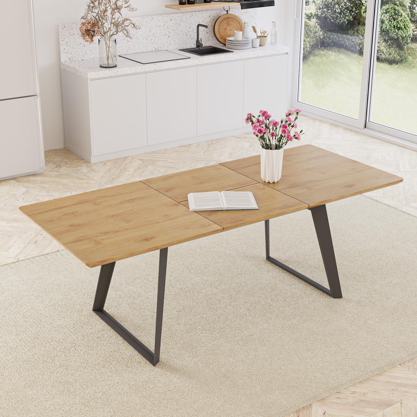 ZckyCine Modern mid-Century Dining Table Dining Table for 6 Rectangular Wooden Dining Table Expandable Dining Table Space-Saving Multifunctional Dining Table