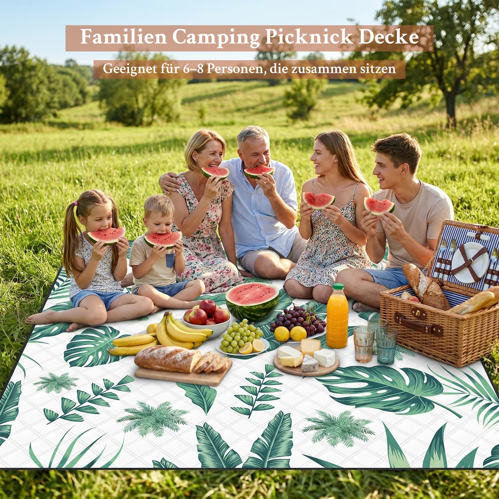 TXBOBECO Koc piknikowy 200x200cm XXL, wodoszczelna mata plażowa bez piasku, koc na kemping na świeżym powietrzu z uchwytem i kołkami, do pikniku, kempingu, parku, ogrodu - liść