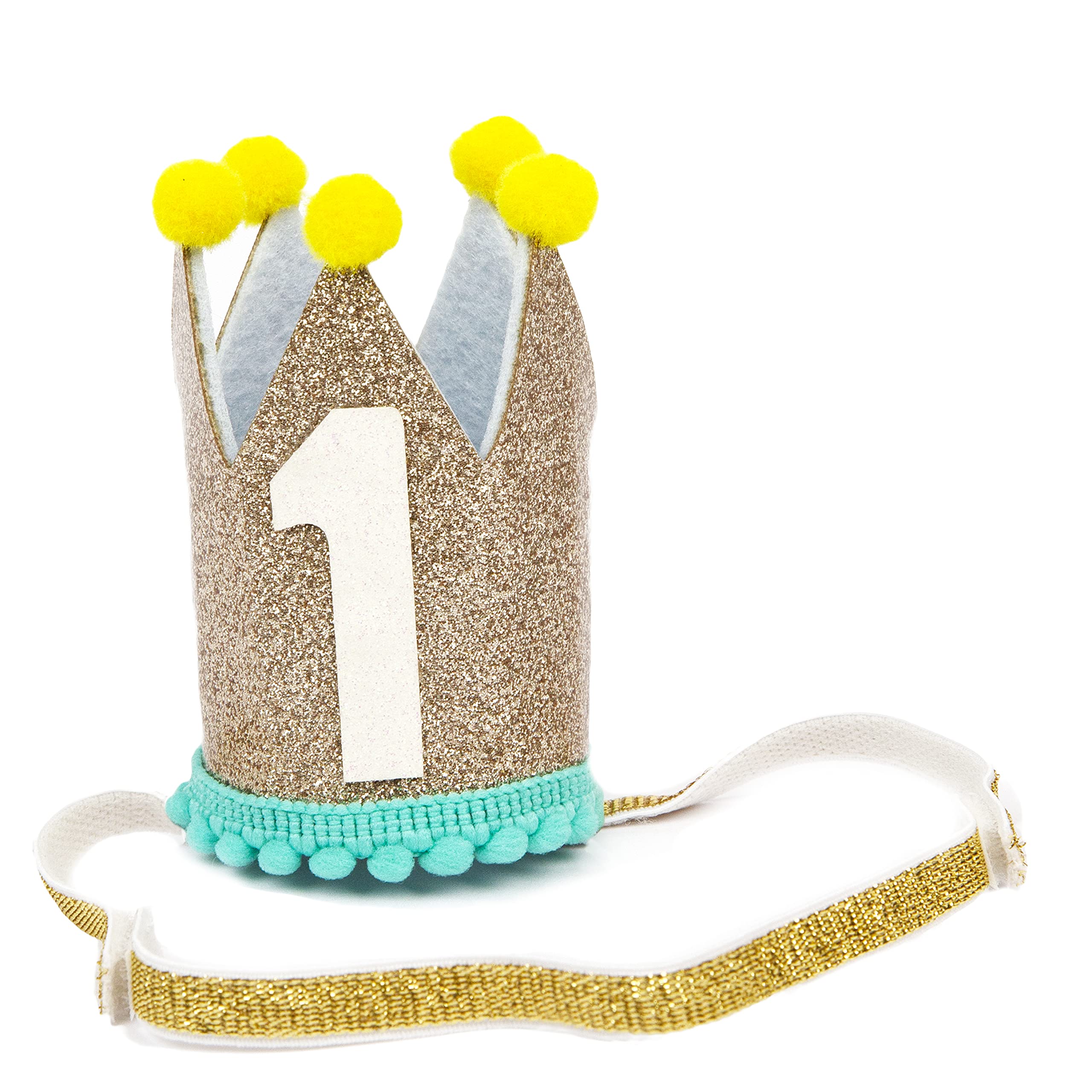 Talking Tables Baby 1st Birthday Crown Hat - Blue & Gold Glitter Cute Party Crown with Elastic Strap, Photo Prop for Boys & Girls Tiara, One Size