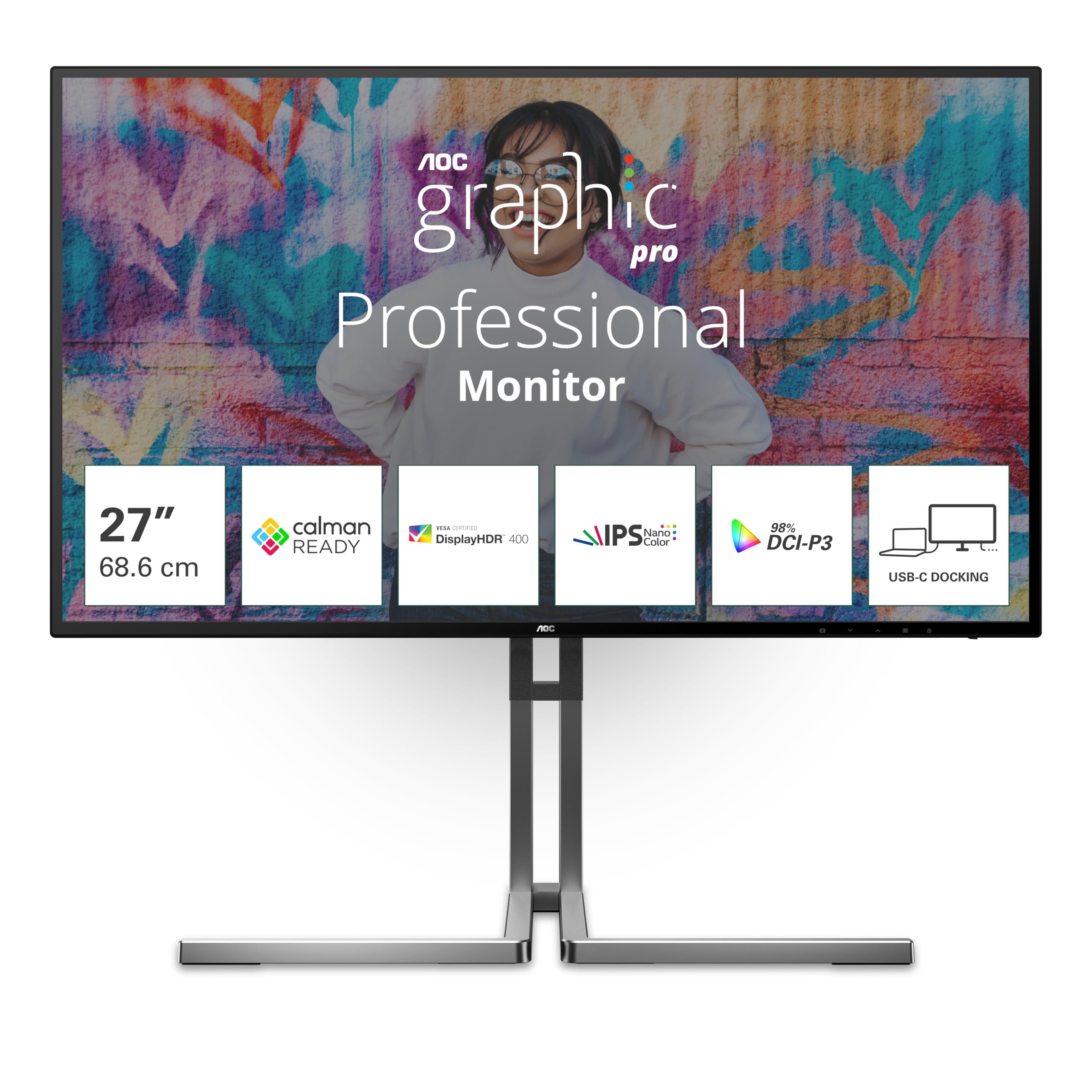 AOC U27U3CV Monitor 27 Inch UHD, 60Hz, Nano IPS, 4 ms GtG, Adaptive Sync., VESA HDR400, Height Adjustable, Speakers (3840x2160, 2X HDMI2.0, 1x DP 1.4, USB-C), Black