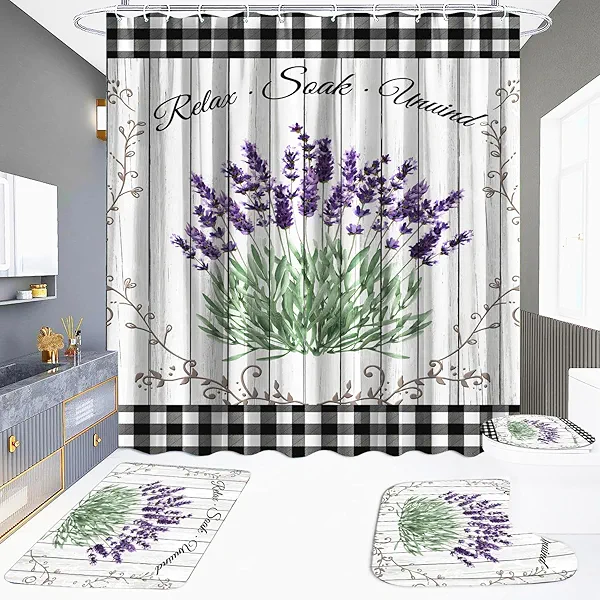Farmhouse Bathroom Relax Soak Unwind Shower Curtain Sets Rustic Country Purple Lavender Flower Shower Curtain Still Life Floral with Striped Plaid Curtains for Restroom Toilet Bath Home Decorations