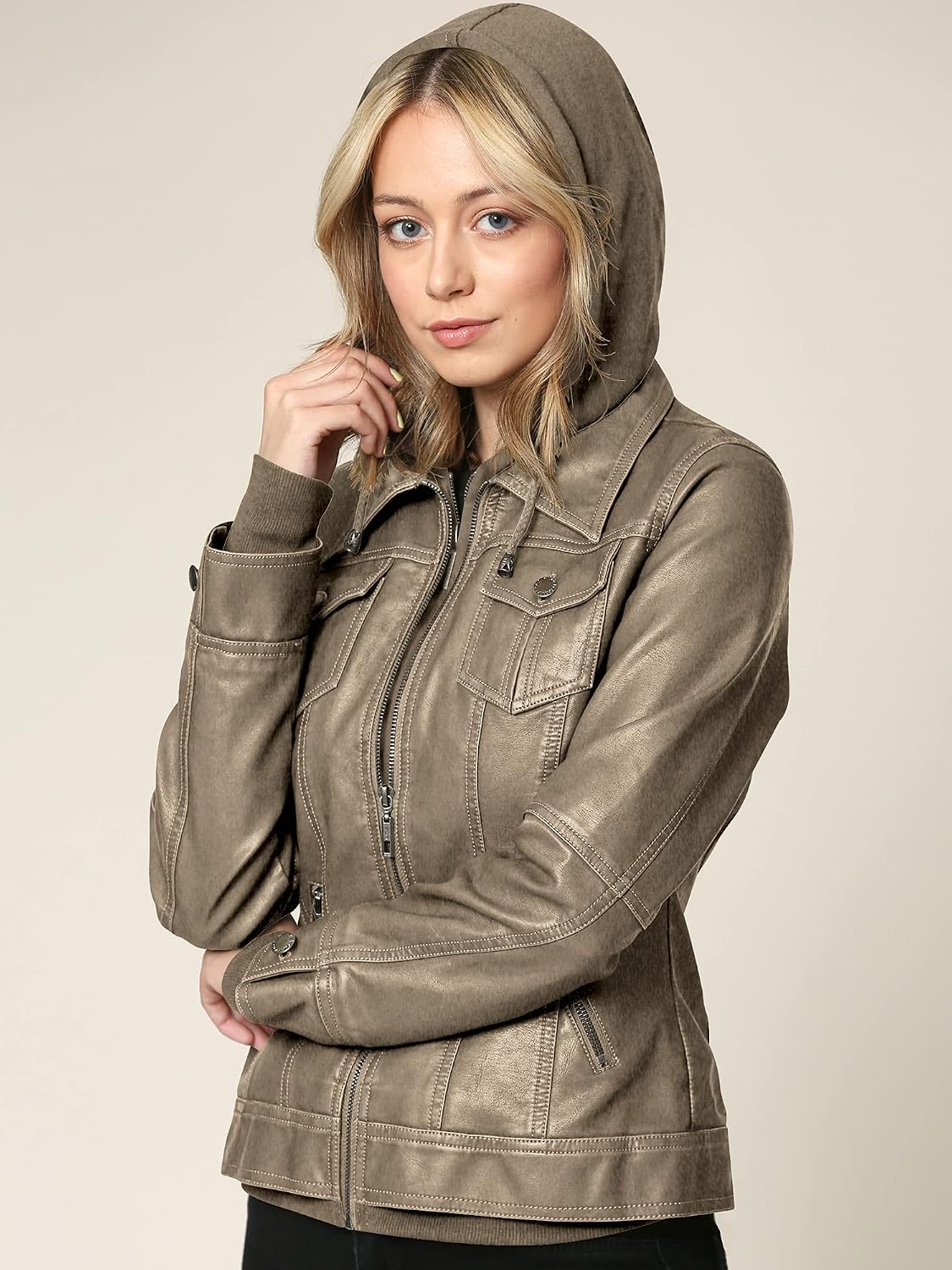  Women's Faux Leather Moto Biker Jacket Coat with Removable or Non-Removable Hood thumbnail