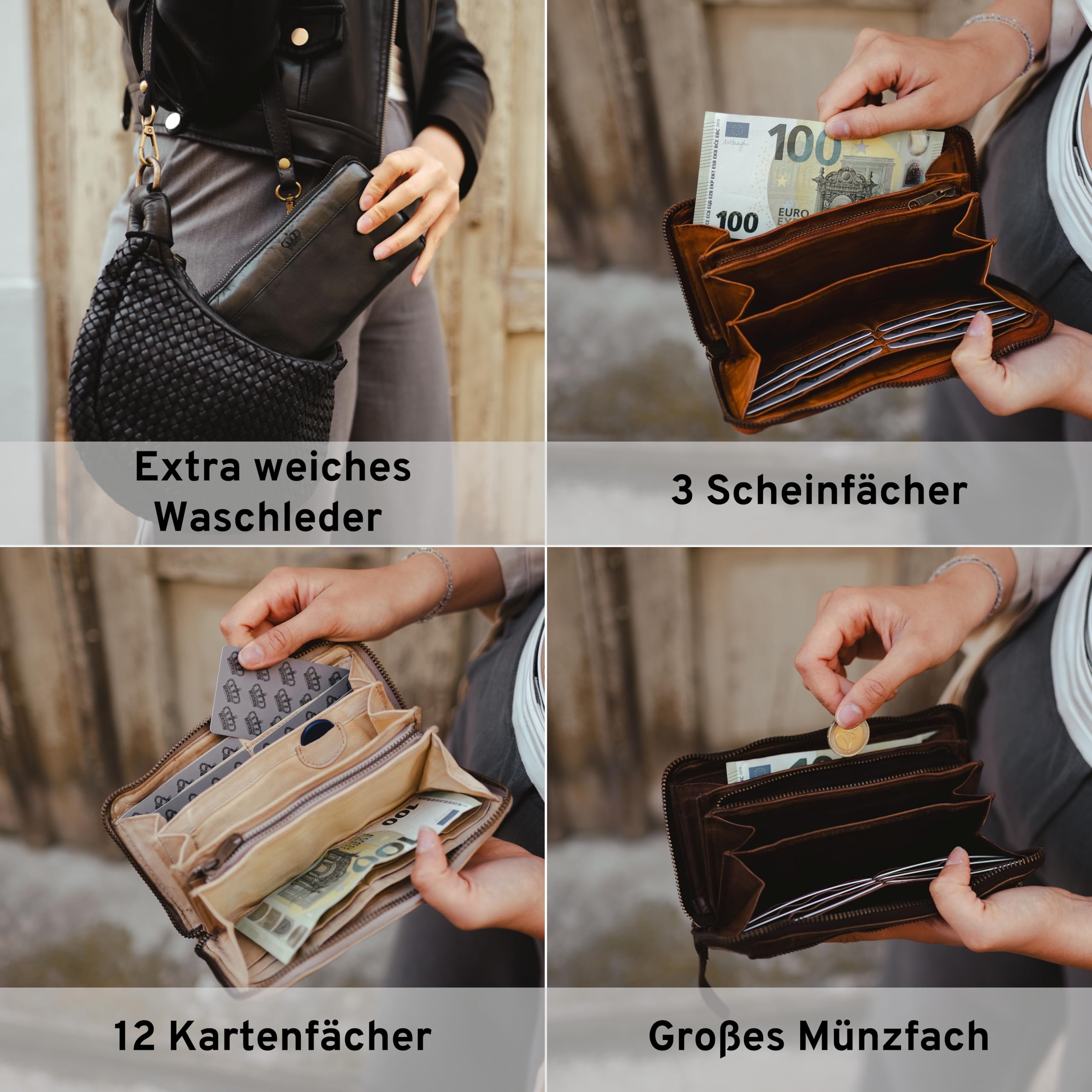 Baur Damen Geldbörse aus extra weichem Waschleder – Geldbeutel im Used-Look mit RFID-Schutz – Großes Portemonnaie mit 12 Kartenfächern – Rundum-Reißverschluss aus Metall (Glatt, Beige)