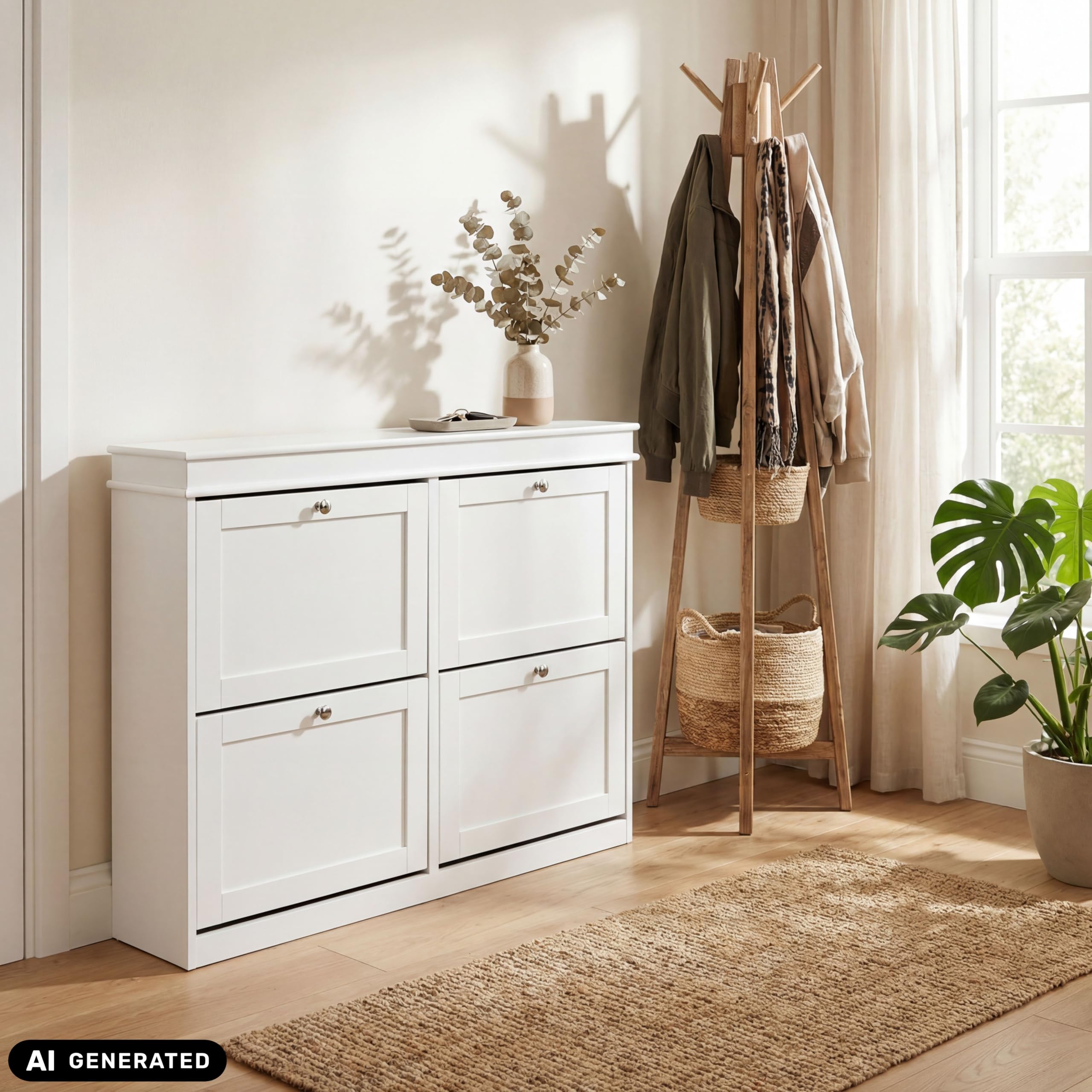 Schuhschrank schmal, 4 Klappen, bis zu 16 Paar Schuhe, Weiß