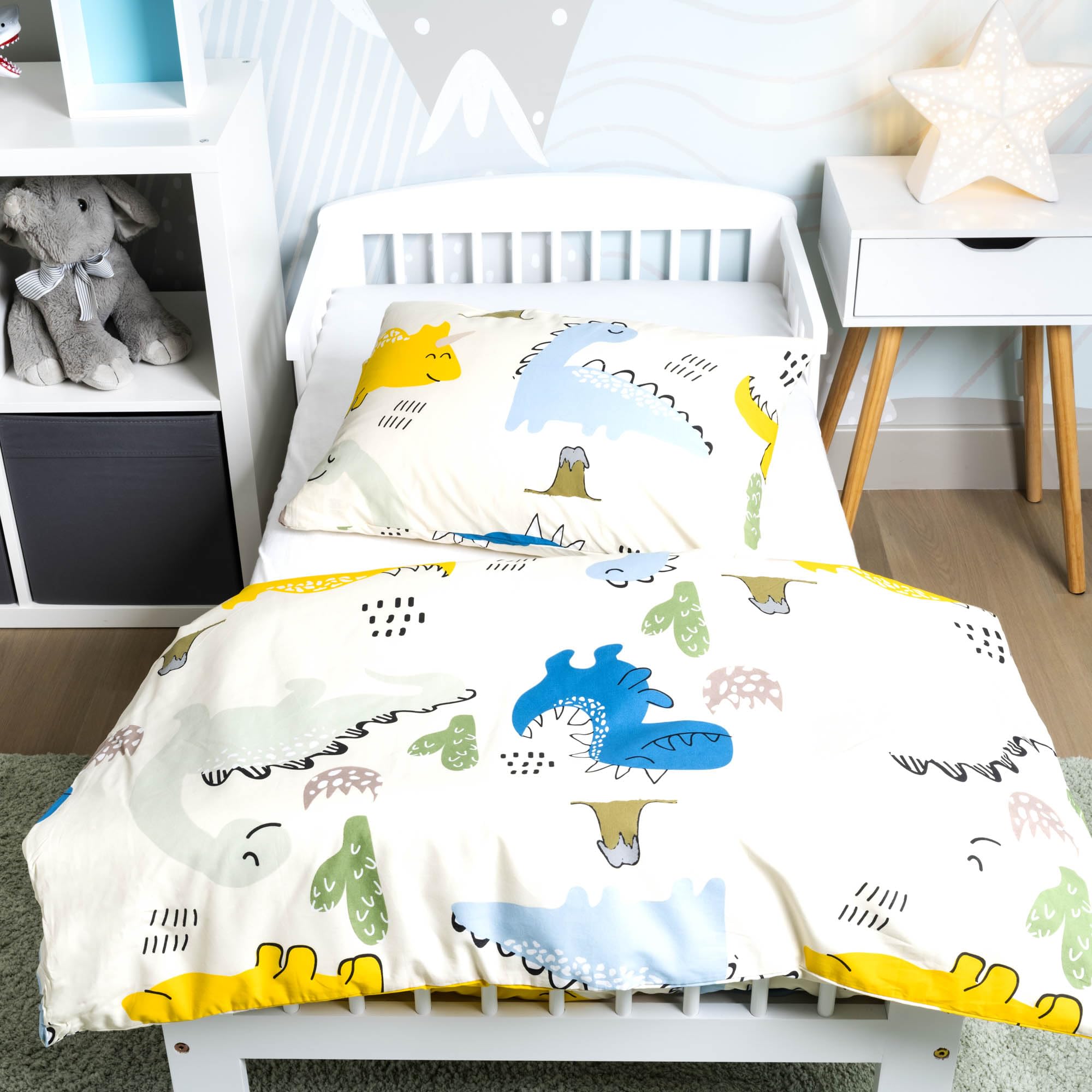 Kinderbettwäsche 100x135 aus 100% Baumwolle mit Dinos - Kinder Bettwäsche und Baby Bettwäsche Set Junge Kleinkinder - bei 60 Grad waschbar - (Dinosaurier 100 x 135 und 40 x 60)