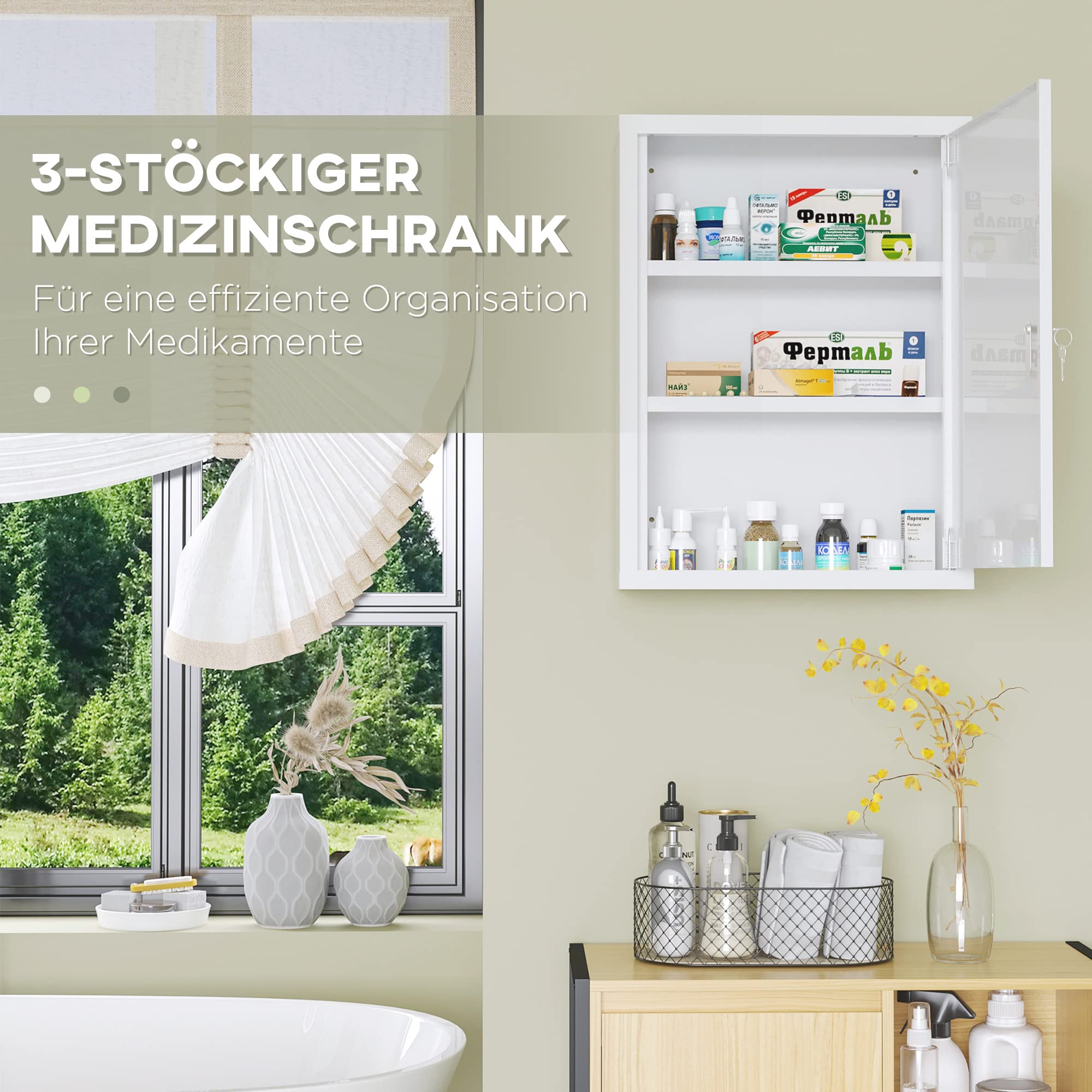 kleankin Medizinschrank, Apothekerschrank mit 3 Fächern, Medikamentenschrank, Abschließbarer Erste Hilfe Schrank mit 2 Schlüsseln, Stahl, Weiß, 40 x 15 x 53,5 cm