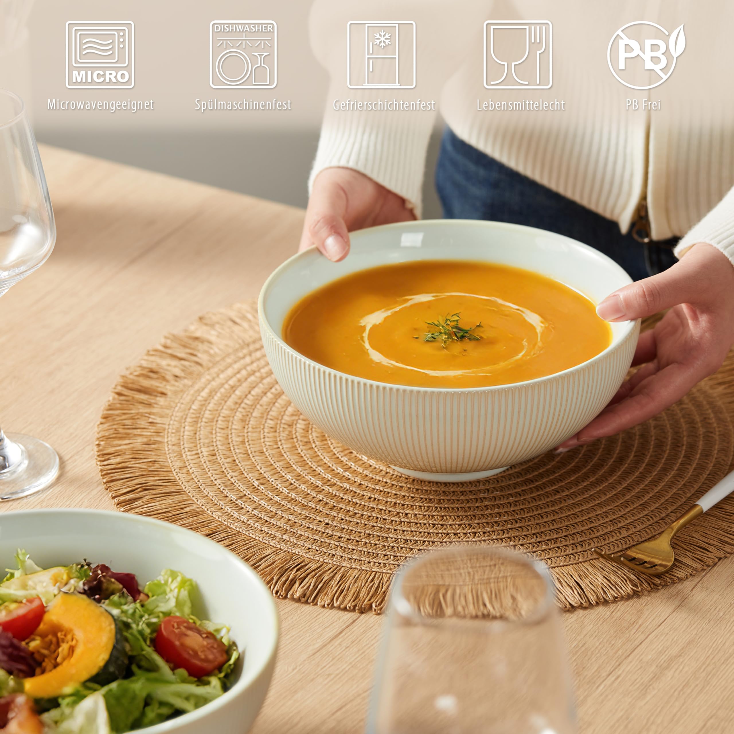 Jiwoo 6er Pasta- & Suppenschalen 1500 ml aus Bone China – stapelbar | Große Schalen für Ramen, Nudeln, Salat und Müsli, tiefes Design, platzsparend, mikrowellen- & spülmaschinengeeignet