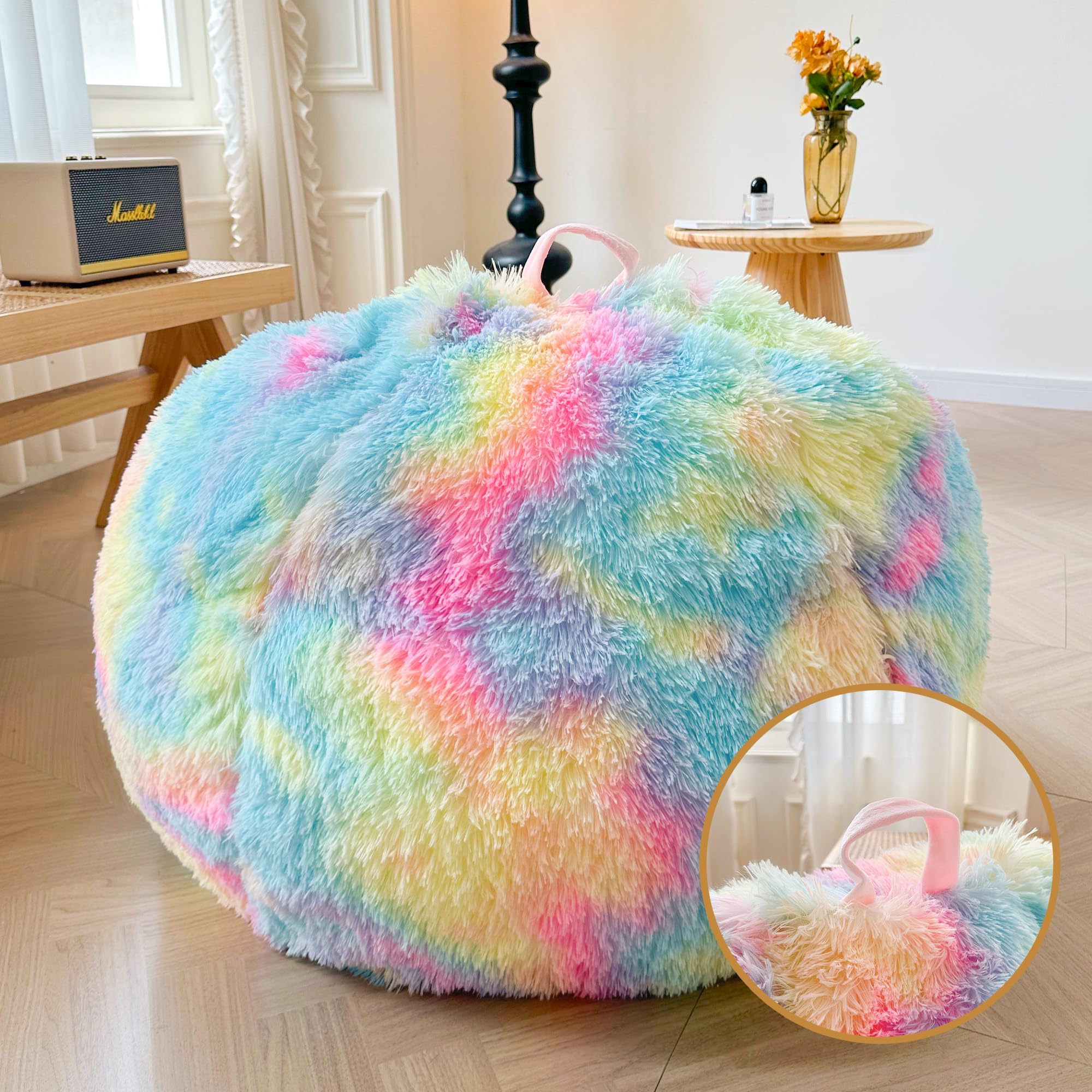 XeGe Kunstfell-Sitzsackbezug für Wohnzimmer (ohne Füllung), tie-dye Flauschiger Kuscheltier-Speicher-Sitzsackbezug, pelziger großer Sitzsack Erwachsene, Jugendliche, Kinder, Mädchen, Regenbogen