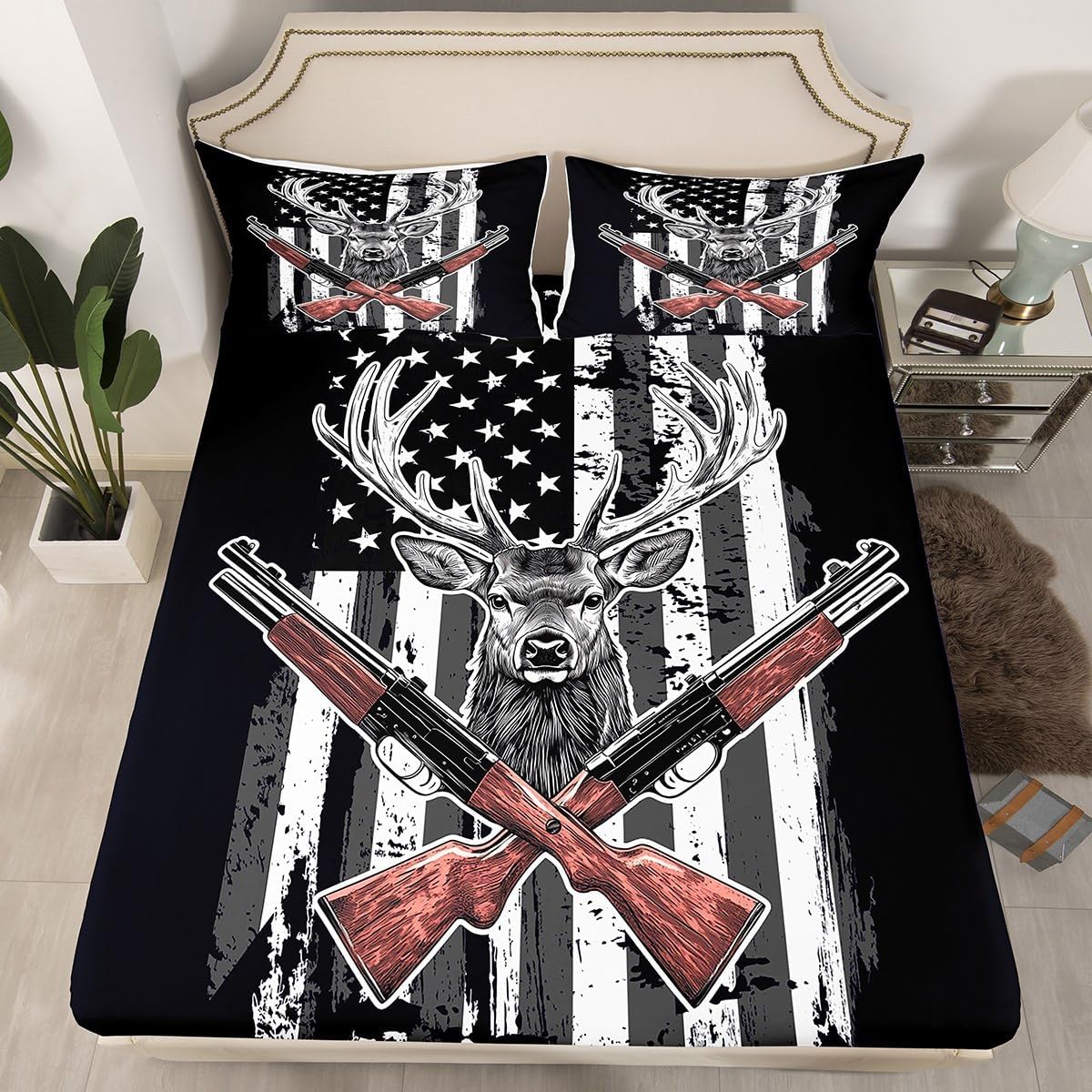 Erosebridal Deer Fitted Sheet American Flag Bedding Set Queen Size Hunting Theme Fitted Bed Sheet Western Rustic Farmhouse Decor Bedding Wild Animal Elk Print Fitted Sheet USA Flag Bedding 3 Pcs