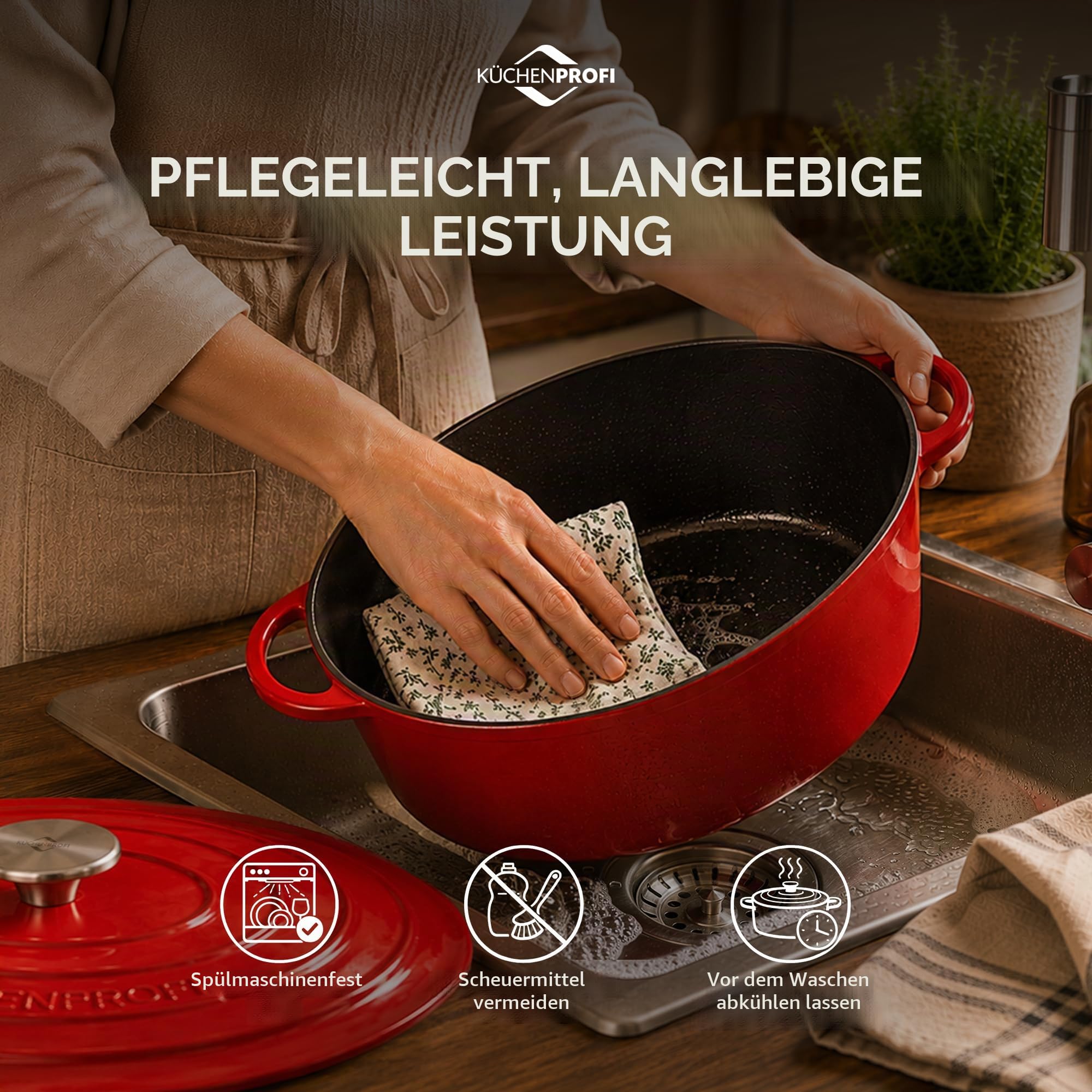 Küchenprofi Bratentopf Provence Oval mit Deckel aus Gusseisen in der Farbe Rot Fassungsvermögen 6L, Maße: 31cm x 12cm, 04 0200 04 31