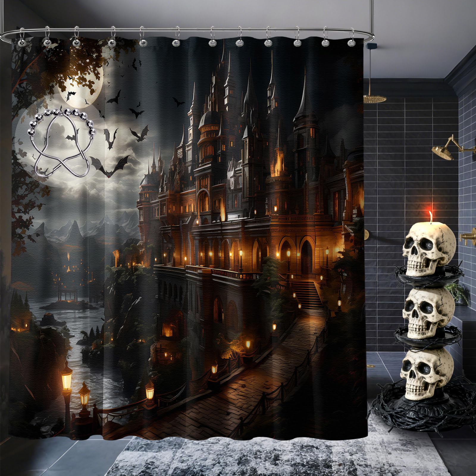 puuiui Gothic Shower Curtain Halloween Castle, 70x72 Inchs | Goth Design, Spooky Pattern…