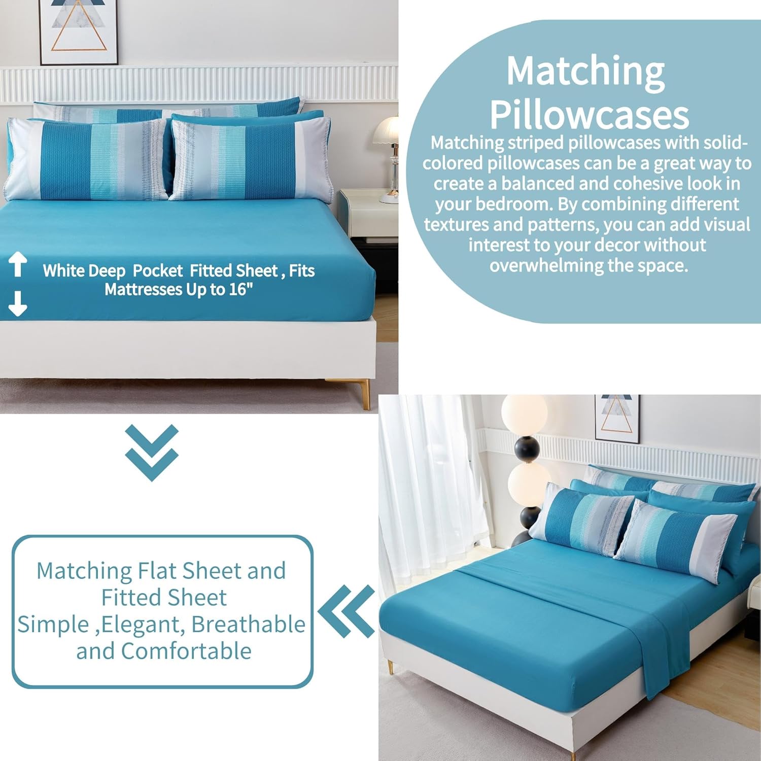 RYNGHIPY 8 Pieces Teal Grey Full Bed Comforter Sets, Soft All Season Boys Men Women Comforter Bedding Set, Turquoise Stripe Colorblock Bed in a Bag Lightweight Fluffy (Full,Teal Grey) - Image 6