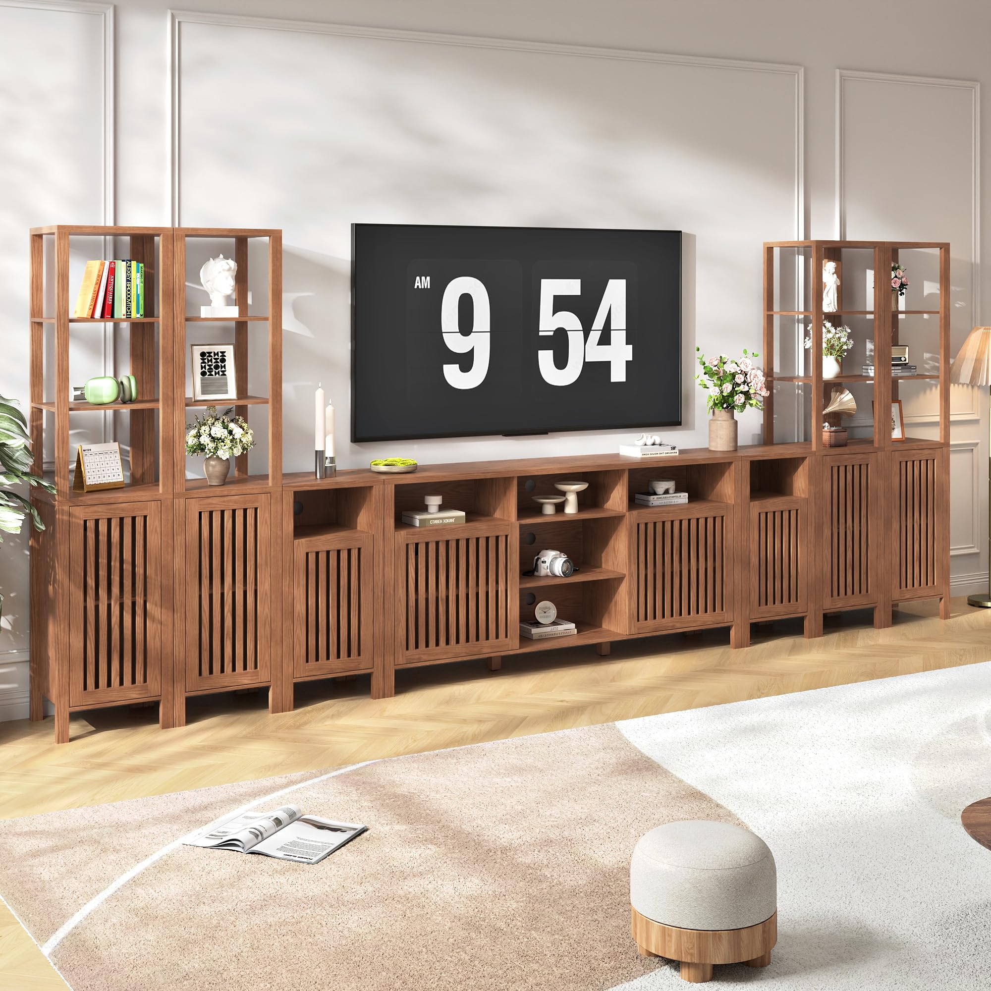 Farmhouse TV Stand for 100 inch TVs, Entertainment Center with Bookshelves, 8 Door Media Console with Adjustable Shelves, Storage Cabinet for Living Room Bedroom Home Theater, Rustic Brown