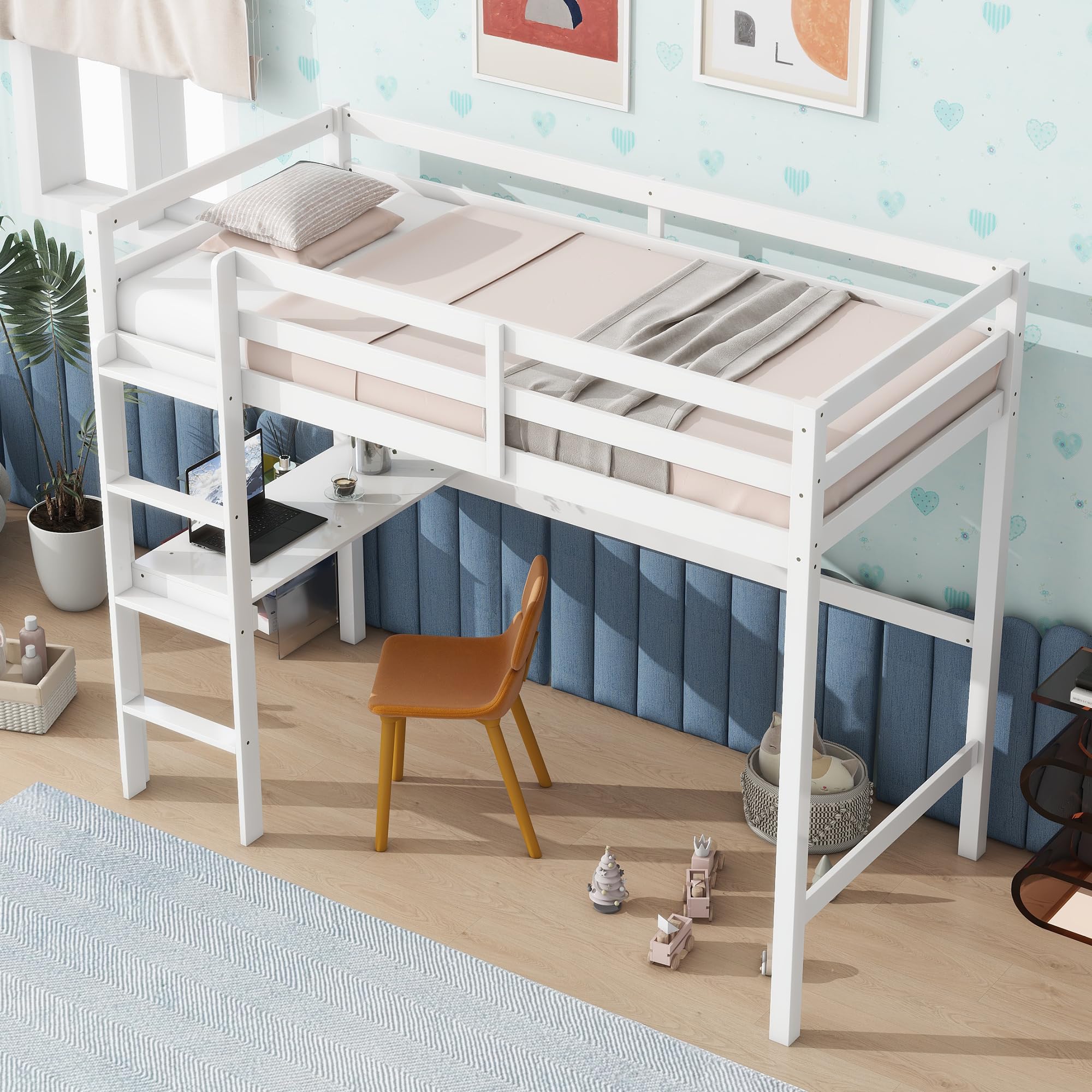 ANDORON Twin High Loft Bed, Kids Solid Wood Modern Loft Bed Frame with Built-in Desk and Ladder for Girls Boys, Noise-Free,Non-Toxic Finishes,