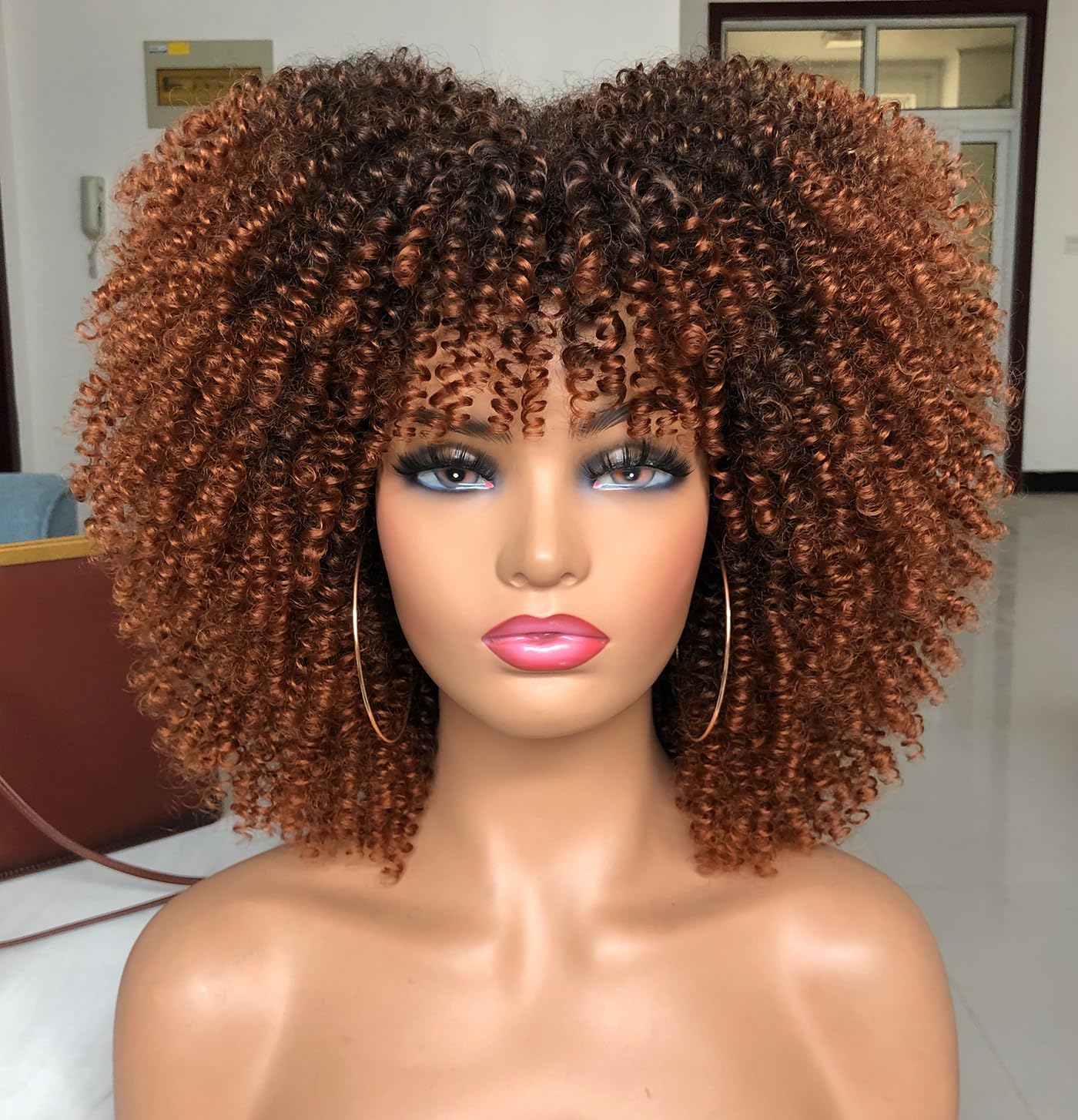 ISAMY 14inch Afro Bomb Curly Wigs for Black Women Short Afro Kinky Curly Wig with Bangs Full Curly Wig (Ombre Brown)