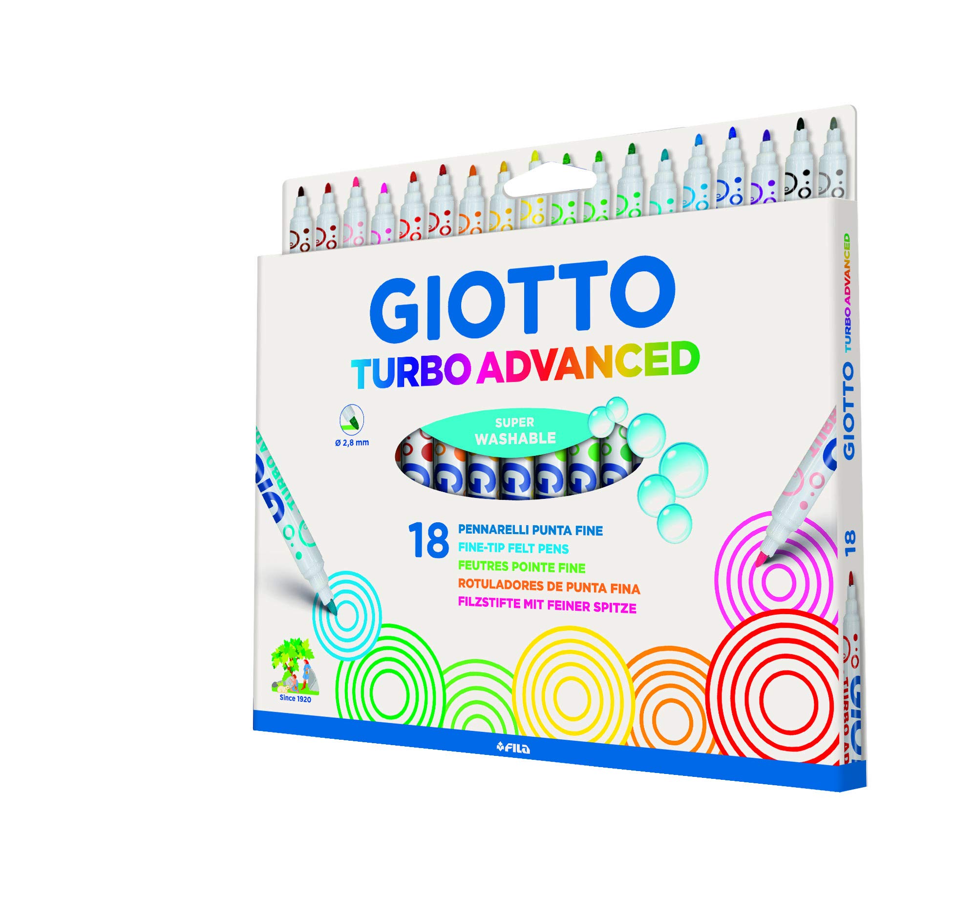 GIOTTO Turbo Advanced Super Washable Felt Tip Fibre Pens, Fine Tip Nib 2.8mm, 18 Assorted Colours, For Children, Parties and Schools
