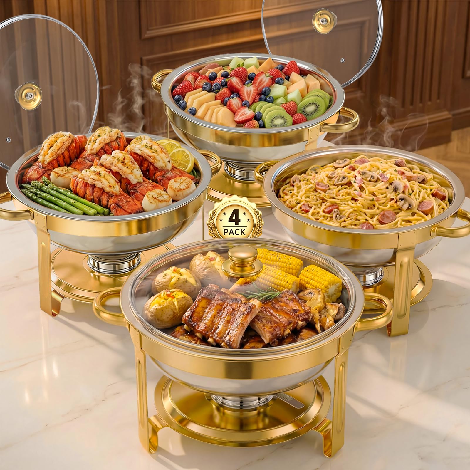 Photo 1 of Hetorosu 4 Pack 5QT Round Chafing Dishes with Glass Lid