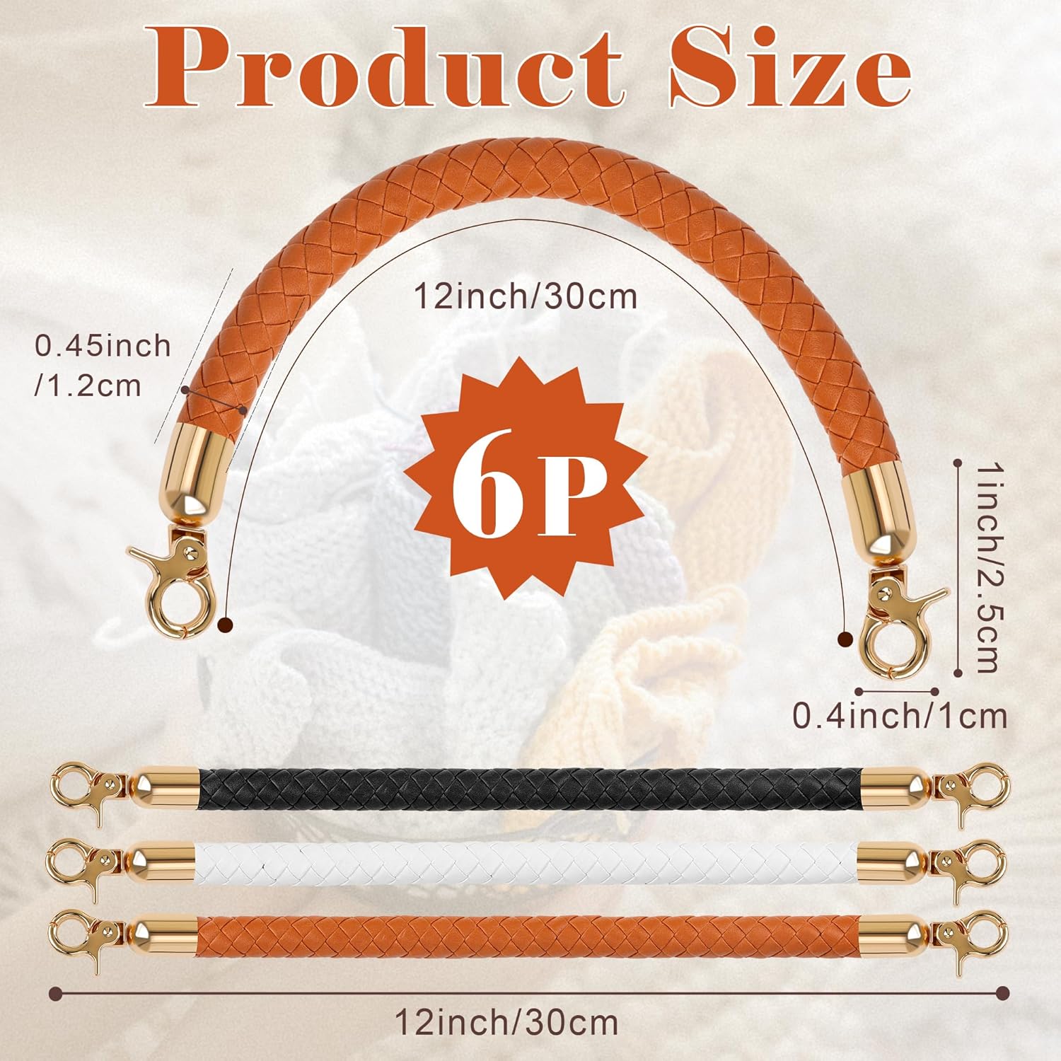 Coitak 3+6 PCS Bag Bases for Crochet with Braided Purse Handles for Bag Making, 2 PCS Crochet Hooks, 3 Colors Leather Purse Bottoms for Crocheting, 12 Inch Handbag Handles (White, Black, Brown) - Image 3