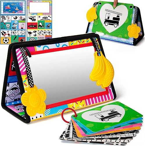 beetoy Espejo de tiempo de barriga para bebé juguete de espejo de alto contraste en blanco y negro con 10 tarjetas flash 2 mordedores juguetes de