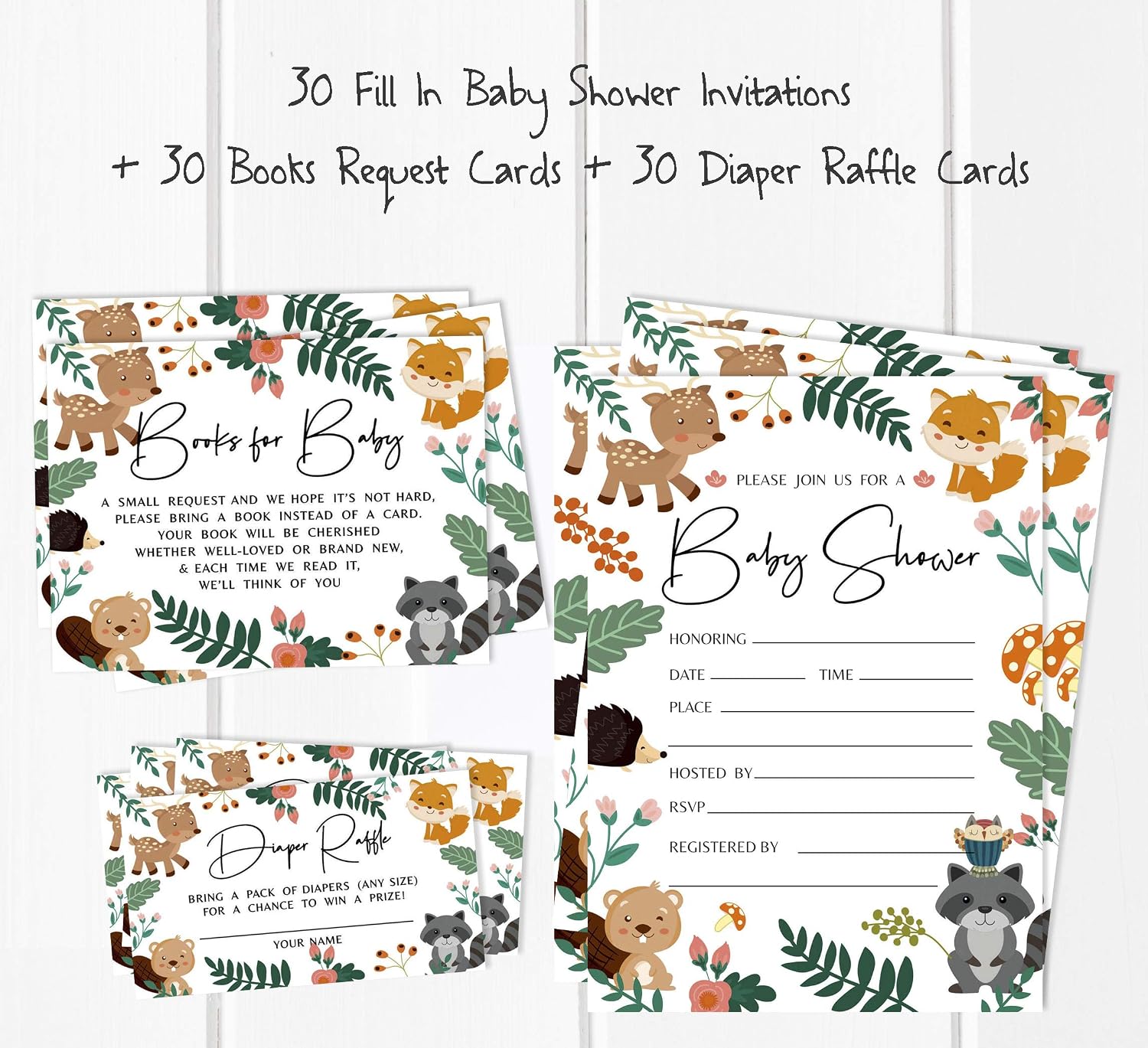 Set of 30 Jungle Animals Baby Shower Invitations-Diaper Raffle Tickets and Baby Shower Book Request Cards Gender Neutral Invites Its A Boy Its A Girl