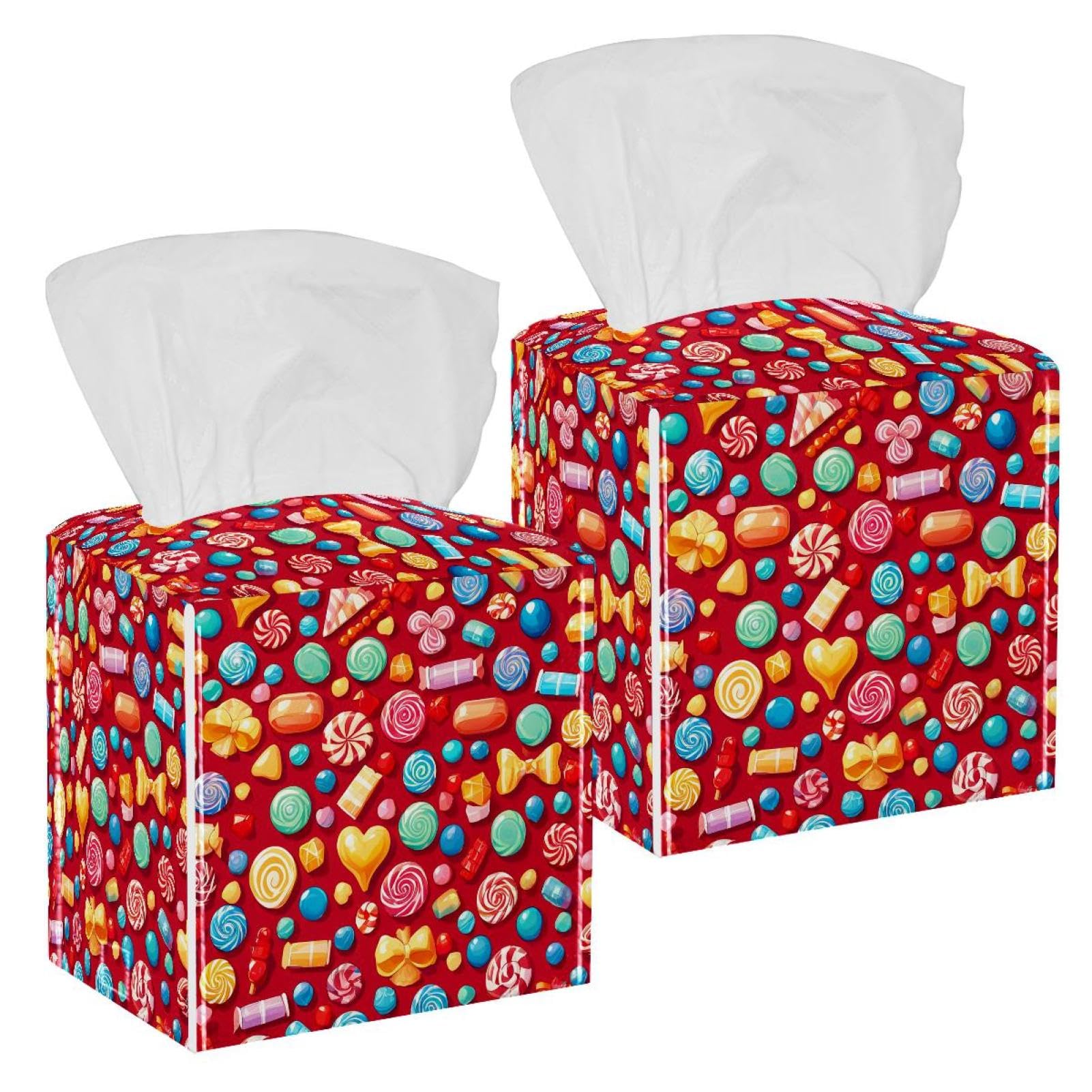 Red Candy Tissue Box Cover, 2 Pack PU Leather Square Facial Tissue Dispenser Box holder for Home Office Car