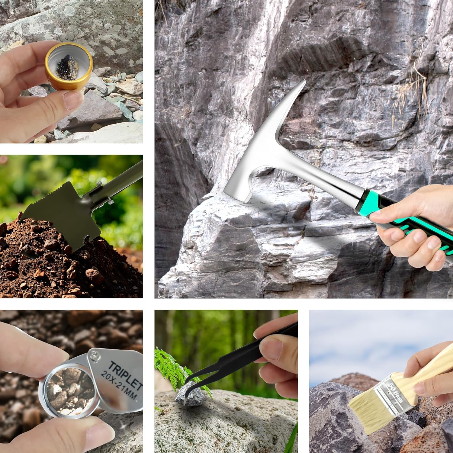 25PCS Rock Hammer Kit for Rock Hounding,Complete Geology Kit with Rock Hammer and Chisel Set,Folding Shovel,Gold Panning Kit,for Rock Hounding, Gold Mining