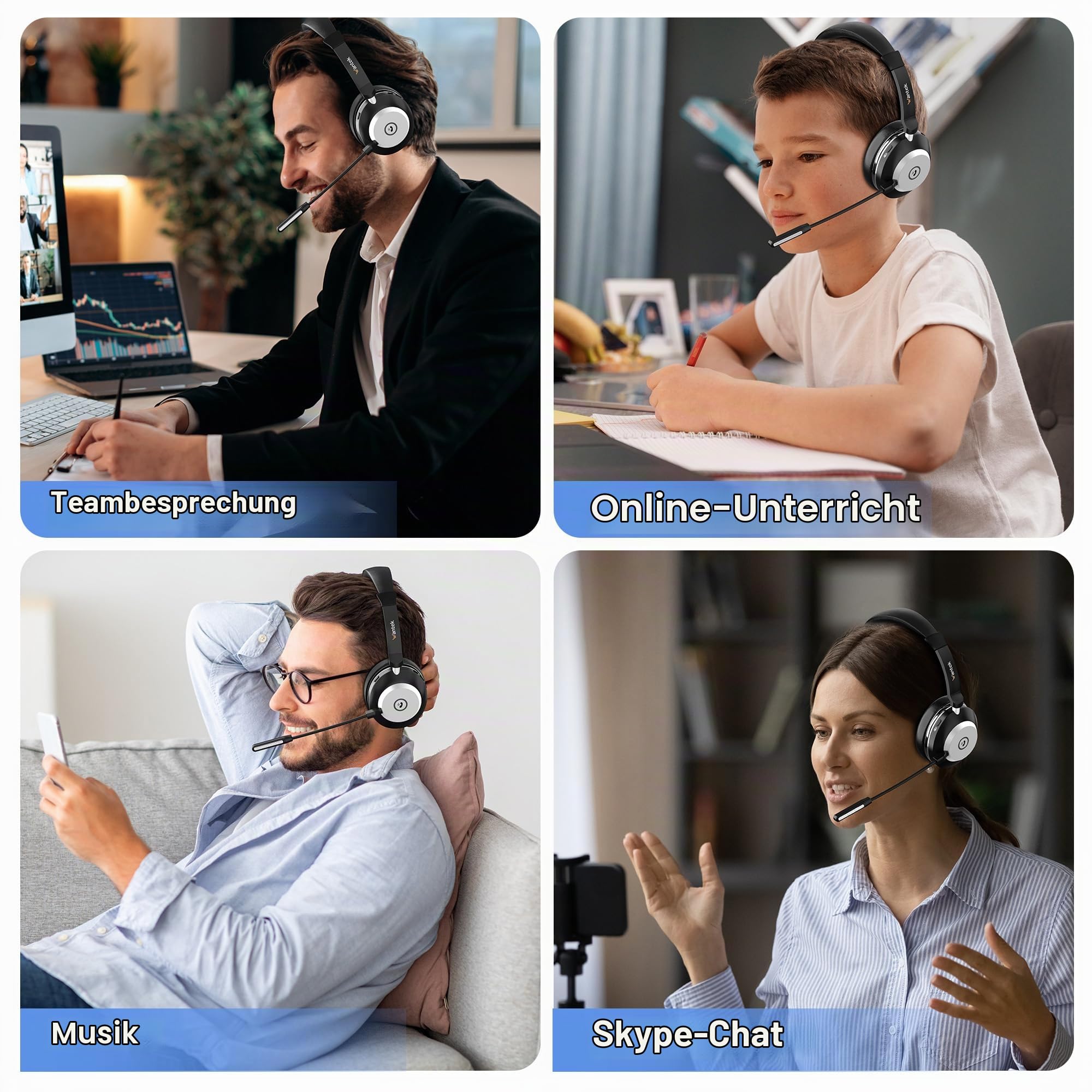 Wantek Kabelloses Headset, Bluetooth Kopfhörer mit Mikrofon Rauschunterdrückung & USB-Dongle, Kabelloses Kopfhörer mit Mikrofon für PC/Büro/Zoom/Skype/Laptop