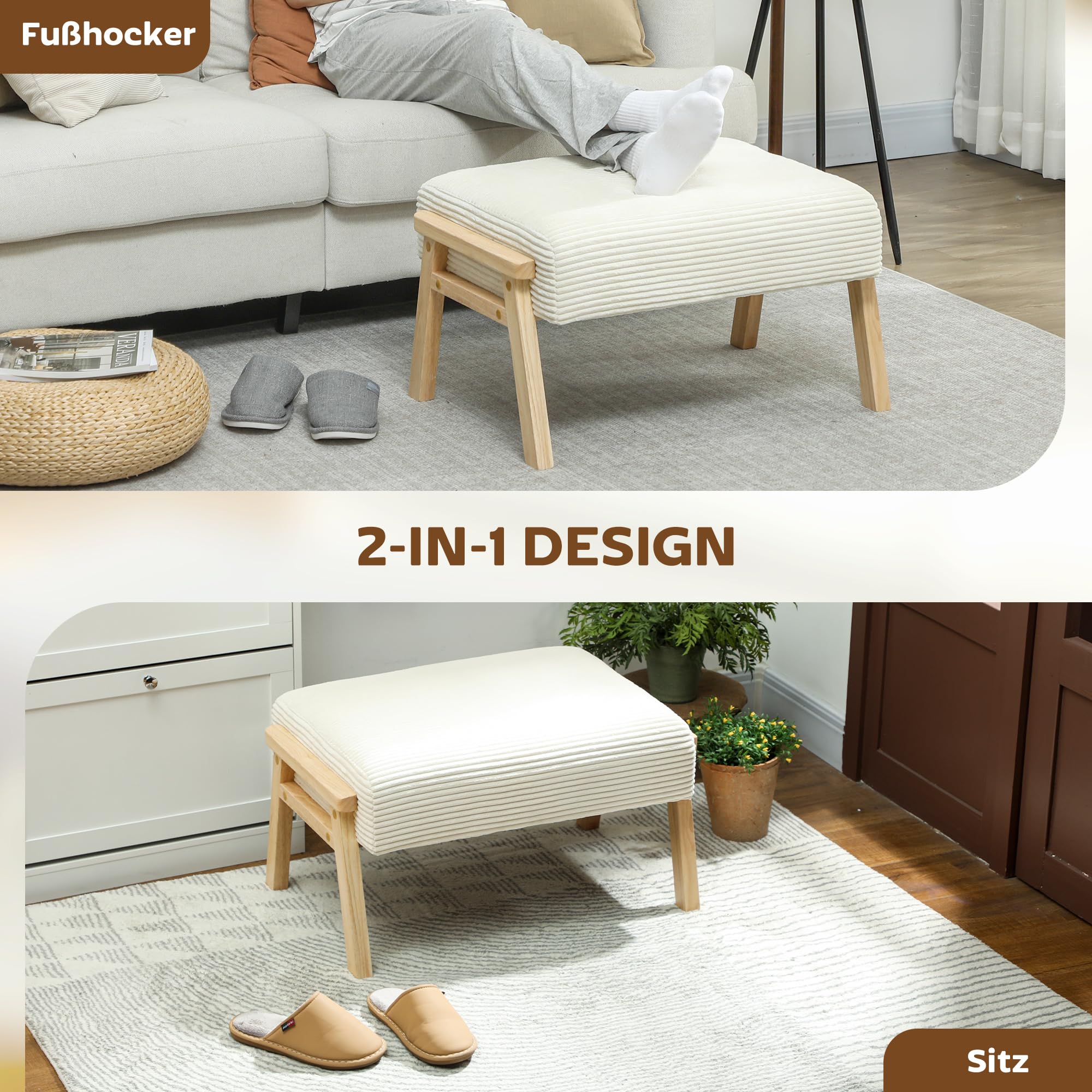 HOMCOM Sitzhocker mit Weichem Sitzkissen Holzbeinen Ottoman Cremeweiß