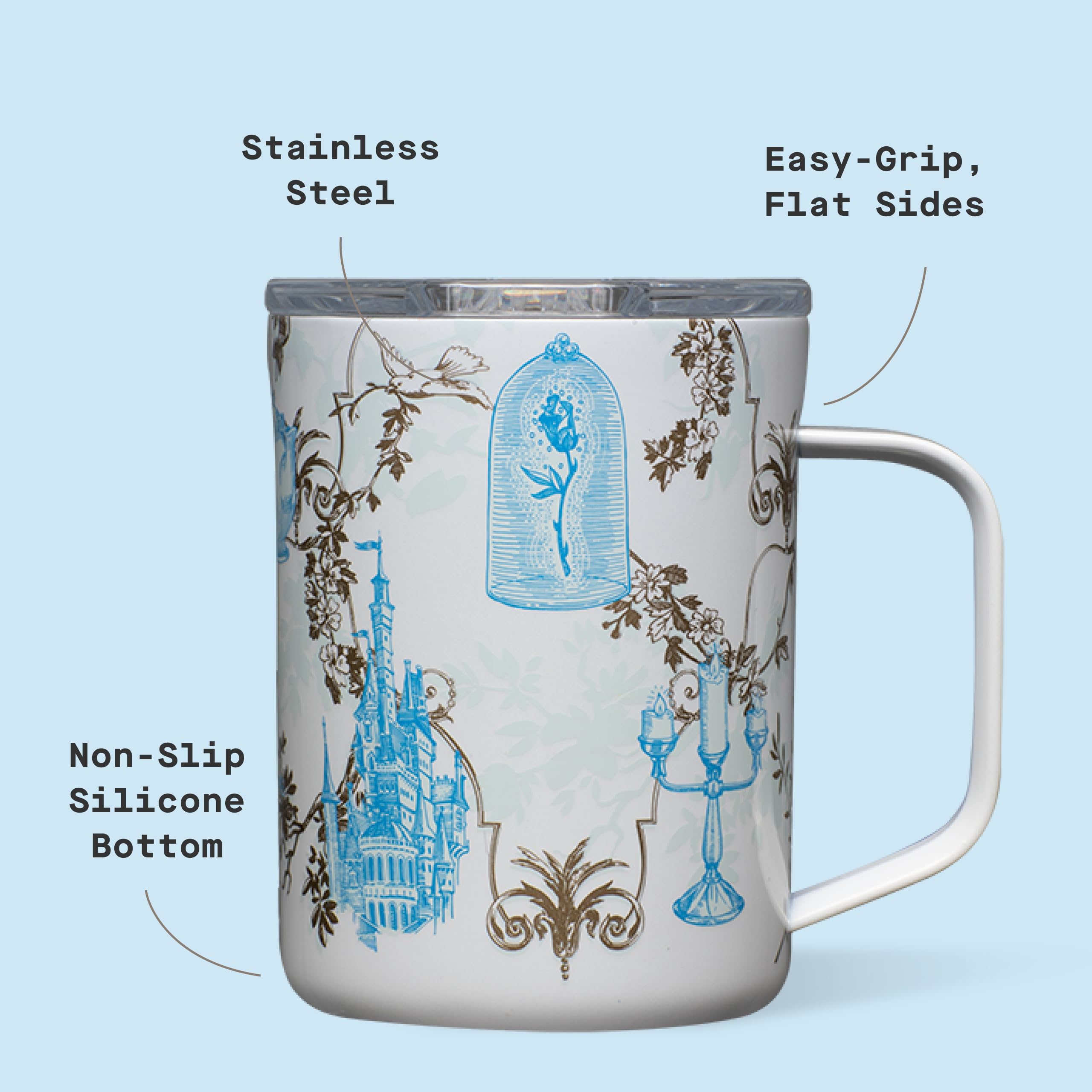 Corkcicle Disney Princess Belle - Taza de café aislada con tapa, acero inoxidable, a prueba de derrames para café, té y cacao caliente, 16 onzas
