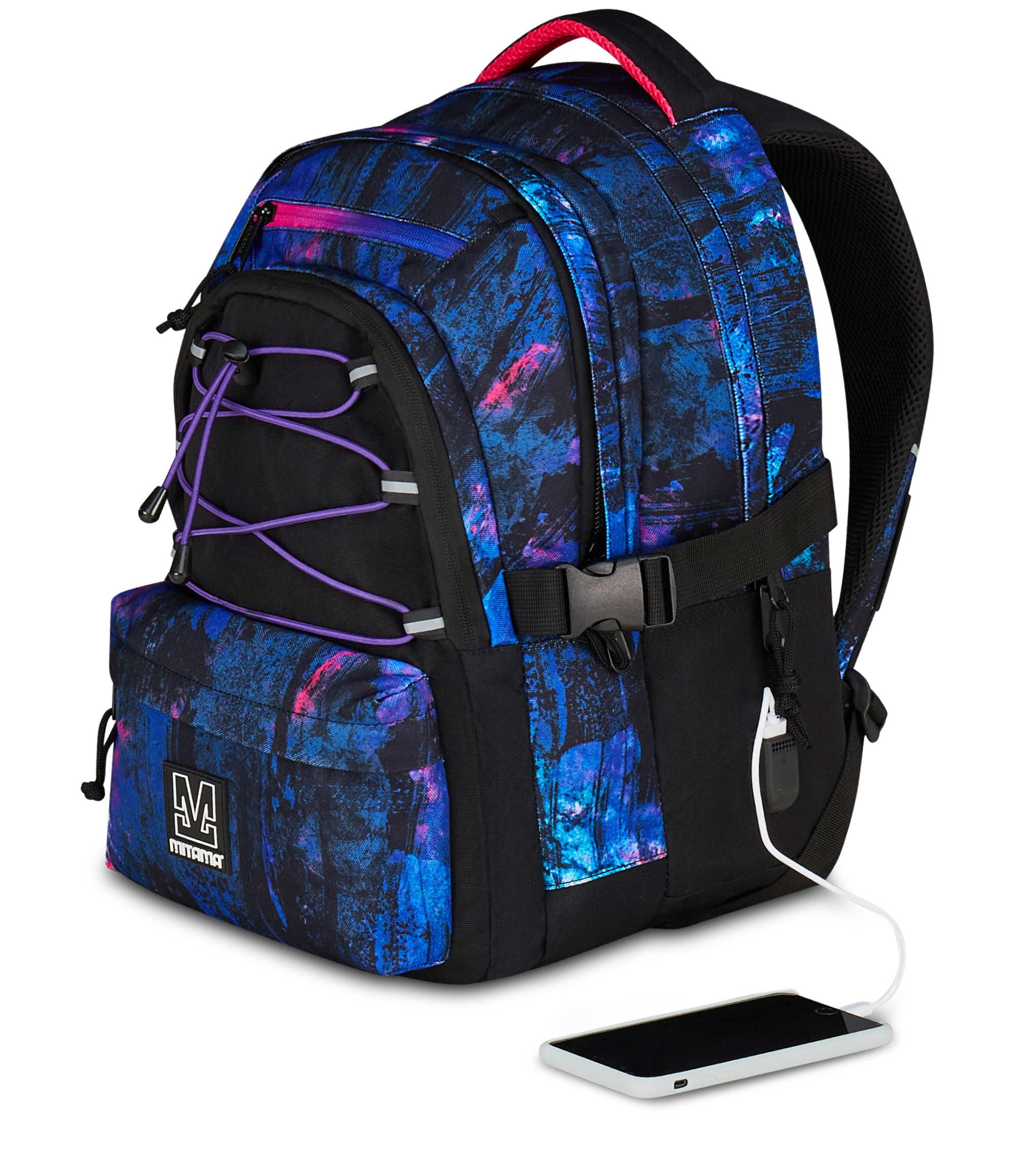 Mitama Zaino Scuola #BDBF PURPLE BRUSH, Viola, Zaino Triplo Scomparto, Tasca Porta Borraccia, Porta USB Integrata, Larghezza Regolabile, Zaino Scuola Media e Superiore, Ragazza